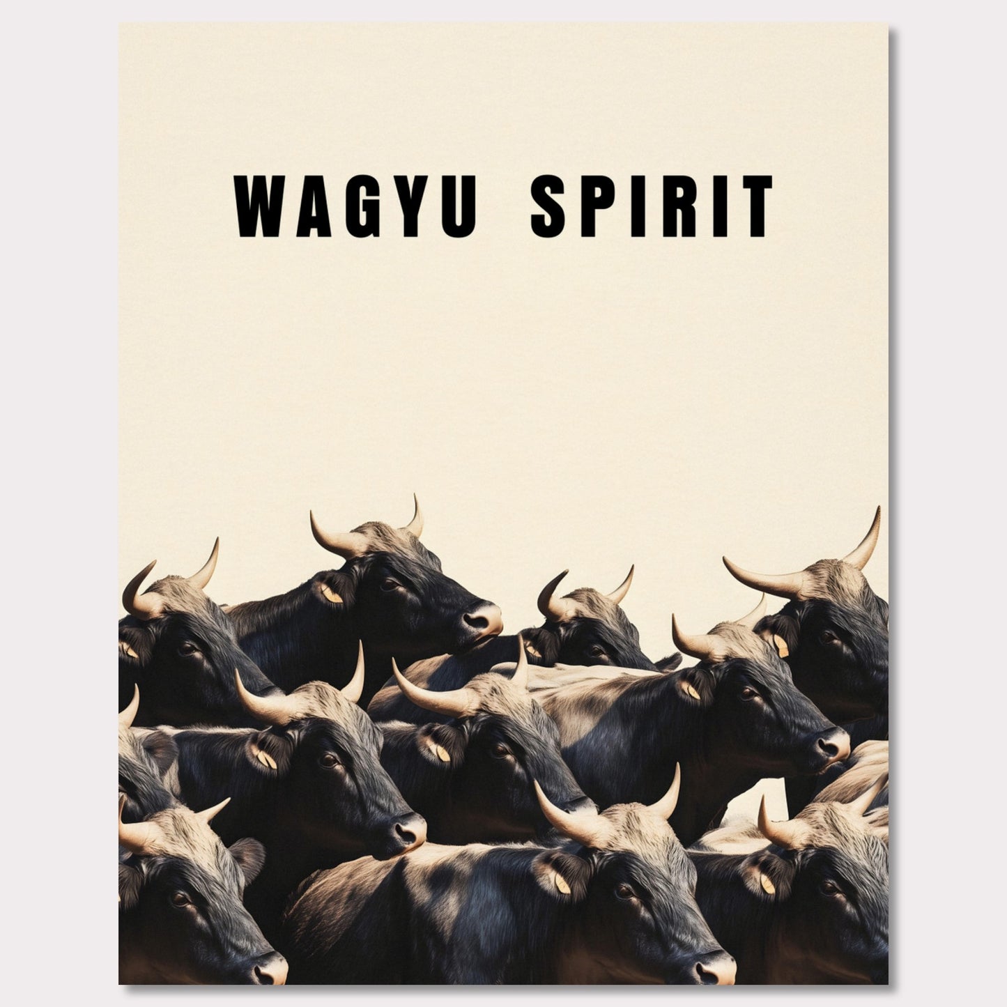 This illustration shows a group of black cattle with horns, set against a light background. The text "WAGYU SPIRIT" is prominently displayed at the top.

This poster will fit well in a kitchen, dining area, restaurant, or any space related to food and culinary arts.