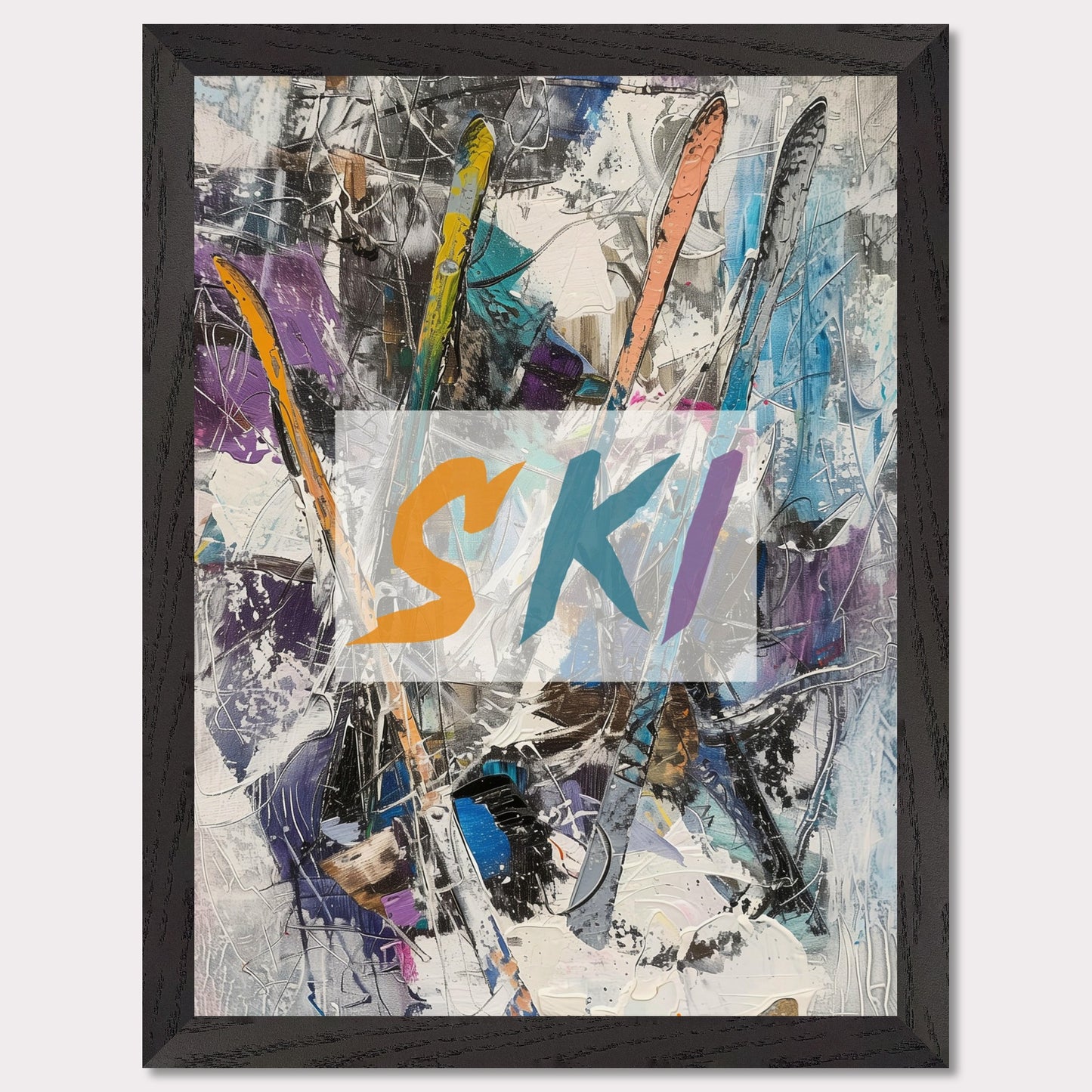 This vibrant artwork showcases an abstract composition featuring colorful ski elements. The word "SKI" is prominently displayed in bold, dynamic letters across the center. The background is a chaotic mix of brushstrokes and textures, creating a sense of movement and energy.