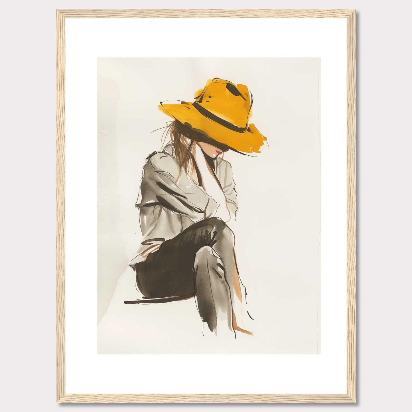 This artwork features a stylish illustration of a person wearing a large, vibrant yellow hat. The figure is seated, with their head slightly bowed, creating a sense of introspection and calm. The use of muted tones for the clothing contrasts beautifully with the boldness of the hat, making it the focal point of the piece. The minimalist background allows the viewer to fully appreciate the elegance and simplicity of the design.