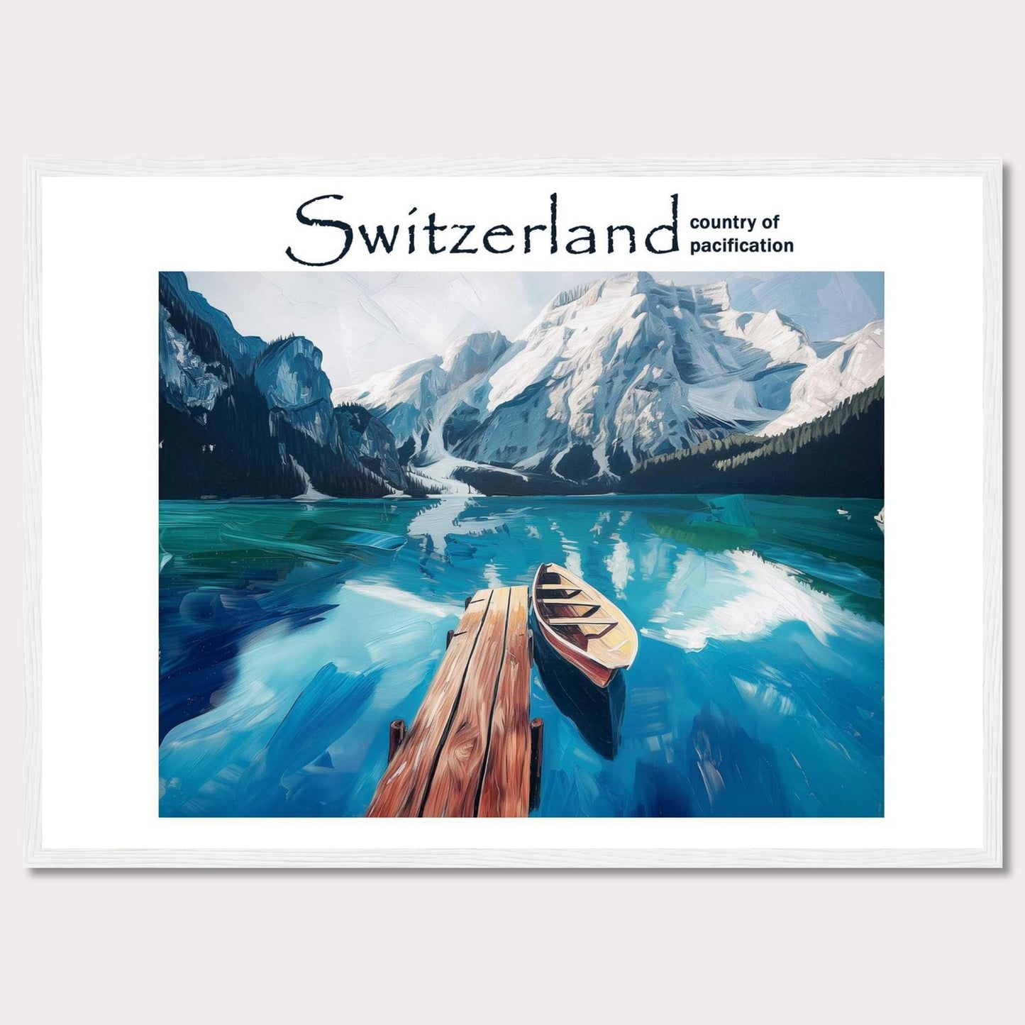 This image showcases a serene lake in Switzerland, surrounded by majestic snow-capped mountains. A wooden dock extends into the calm, reflective waters, where a lone boat is moored. The scene is tranquil and inviting, epitomizing the peacefulness of the Swiss landscape.