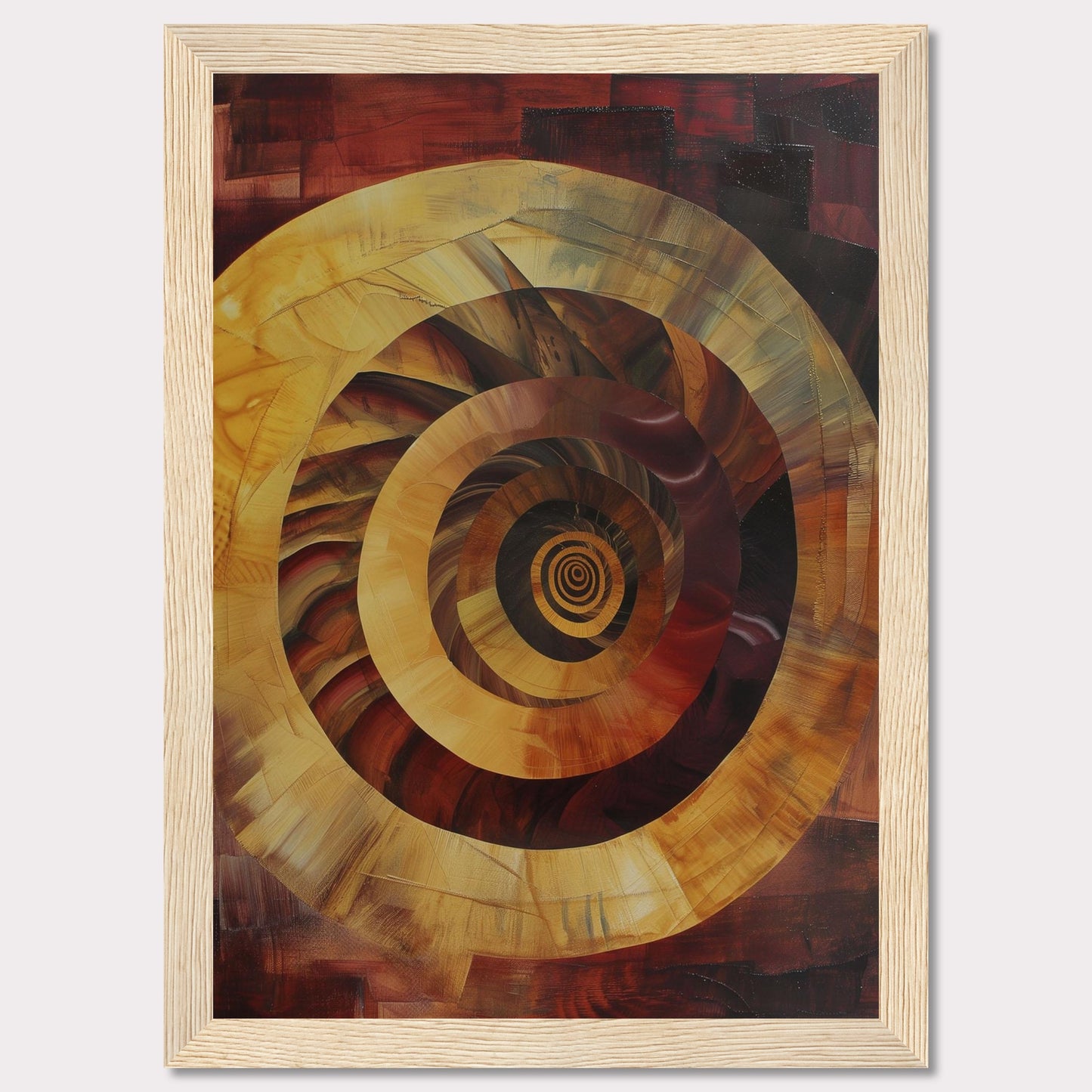 This captivating abstract painting features a mesmerizing spiral design, drawing the viewer into its depths. The artwork is dominated by warm tones of red, orange, and yellow, creating a sense of movement and energy.