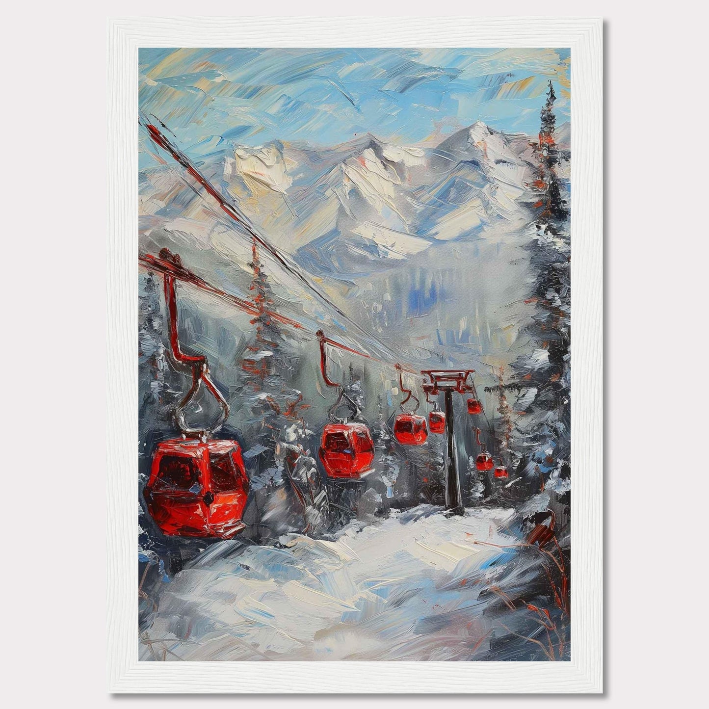 This captivating painting showcases a vibrant winter scene with red cable cars gliding through a snowy mountain landscape.