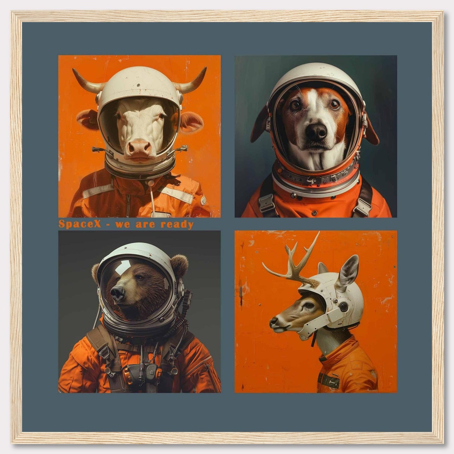 This whimsical artwork features four animals dressed as astronauts, ready for a space adventure. The animals include a cow, a dog, a bear, and a deer, each wearing an orange space suit and helmet. The text "SpaceX - we are ready" adds a playful touch to the image.