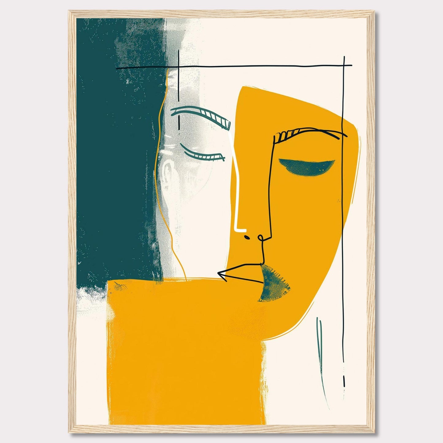 This captivating abstract art piece features a minimalist line drawing of a face, blending bold colors and simple shapes to create a striking visual impact. The artwork combines teal, mustard yellow, and white, with a black frame adding a touch of sophistication.