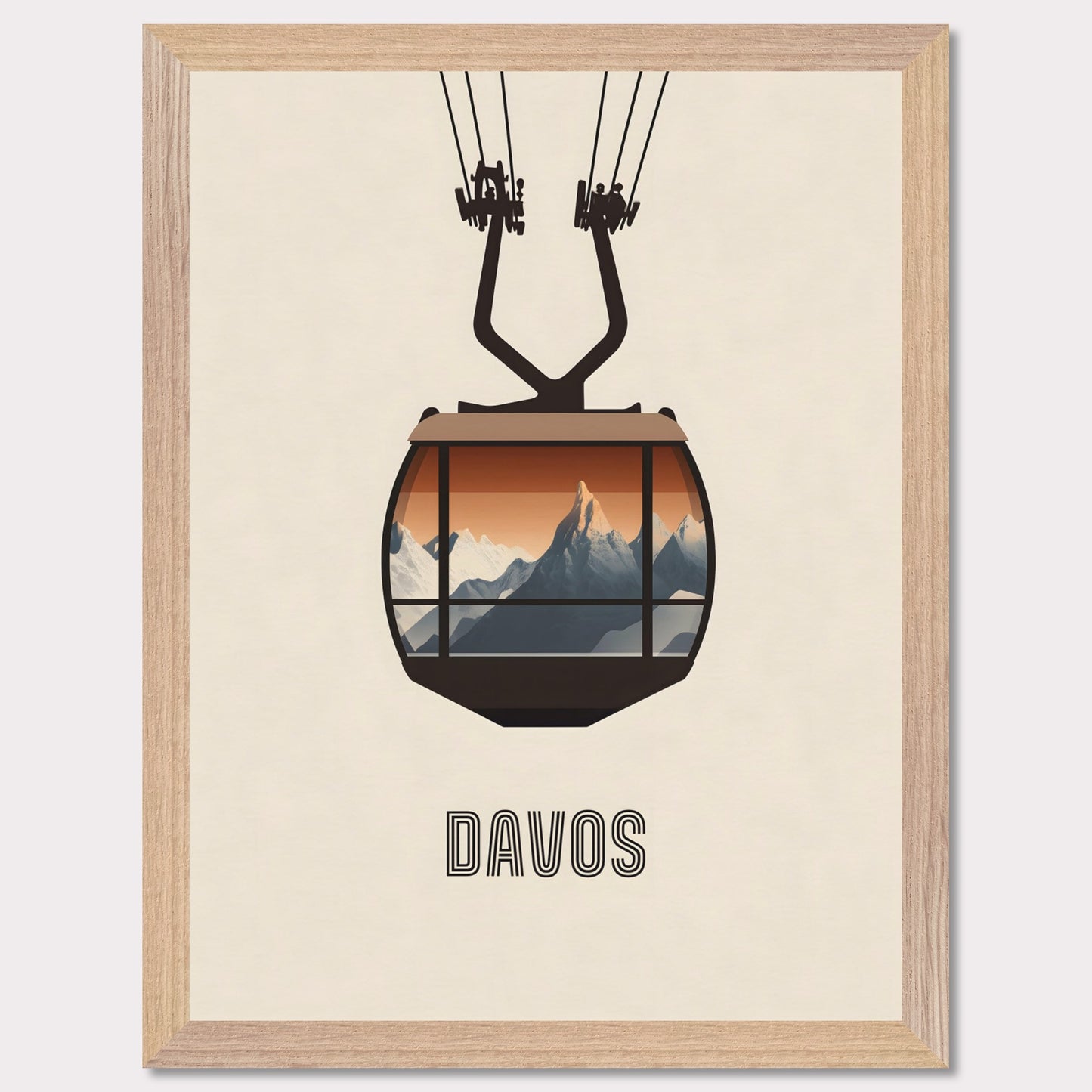 A striking minimalist poster featuring a cable car with a breathtaking view of the Swiss Alps. The warm tones contrast with the cool mountain peaks, evoking the excitement of alpine adventures.