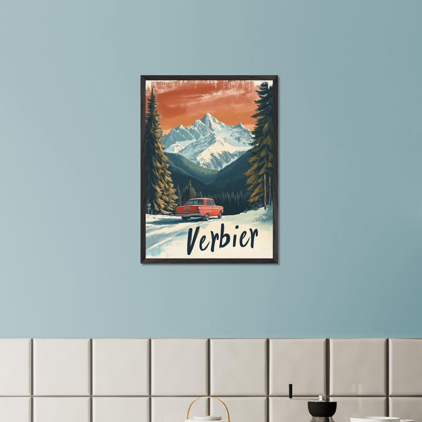 This striking retro-style poster depicts a vintage car driving through a snowy mountain landscape in Verbier. The red car stands out against the backdrop of majestic, snow-covered peaks and towering trees, with the warm orange hues of the sky adding to the nostalgic vibe. The vintage typography and artistic style evoke the allure of road trips through the Swiss Alps, offering a sense of freedom and adventure in a winter wonderland.