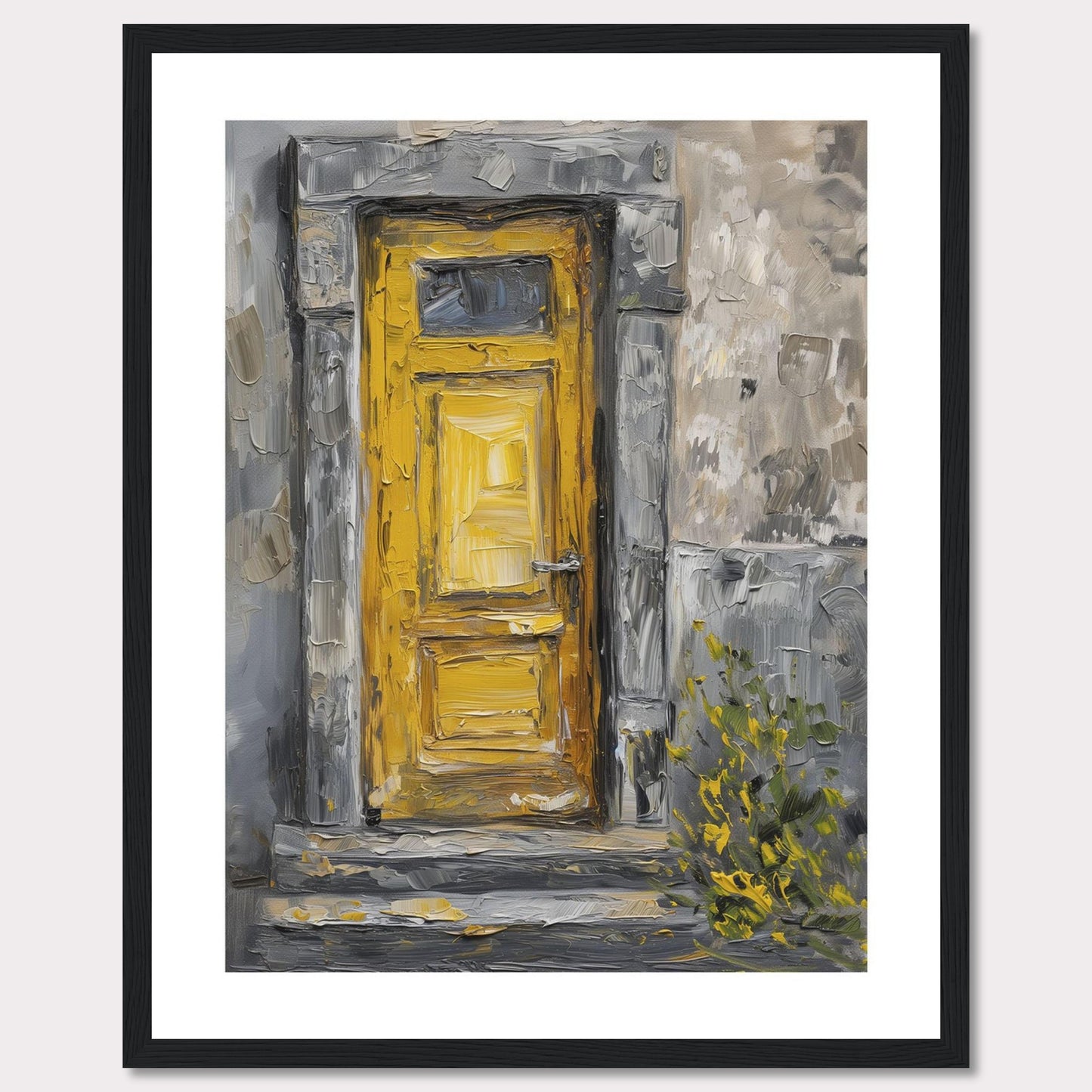 This image showcases a beautiful painting of a vibrant yellow door set within a textured, weathered stone wall. The artwork captures the rustic charm and character of an old building, with hints of greenery peeking through at the bottom right corner.