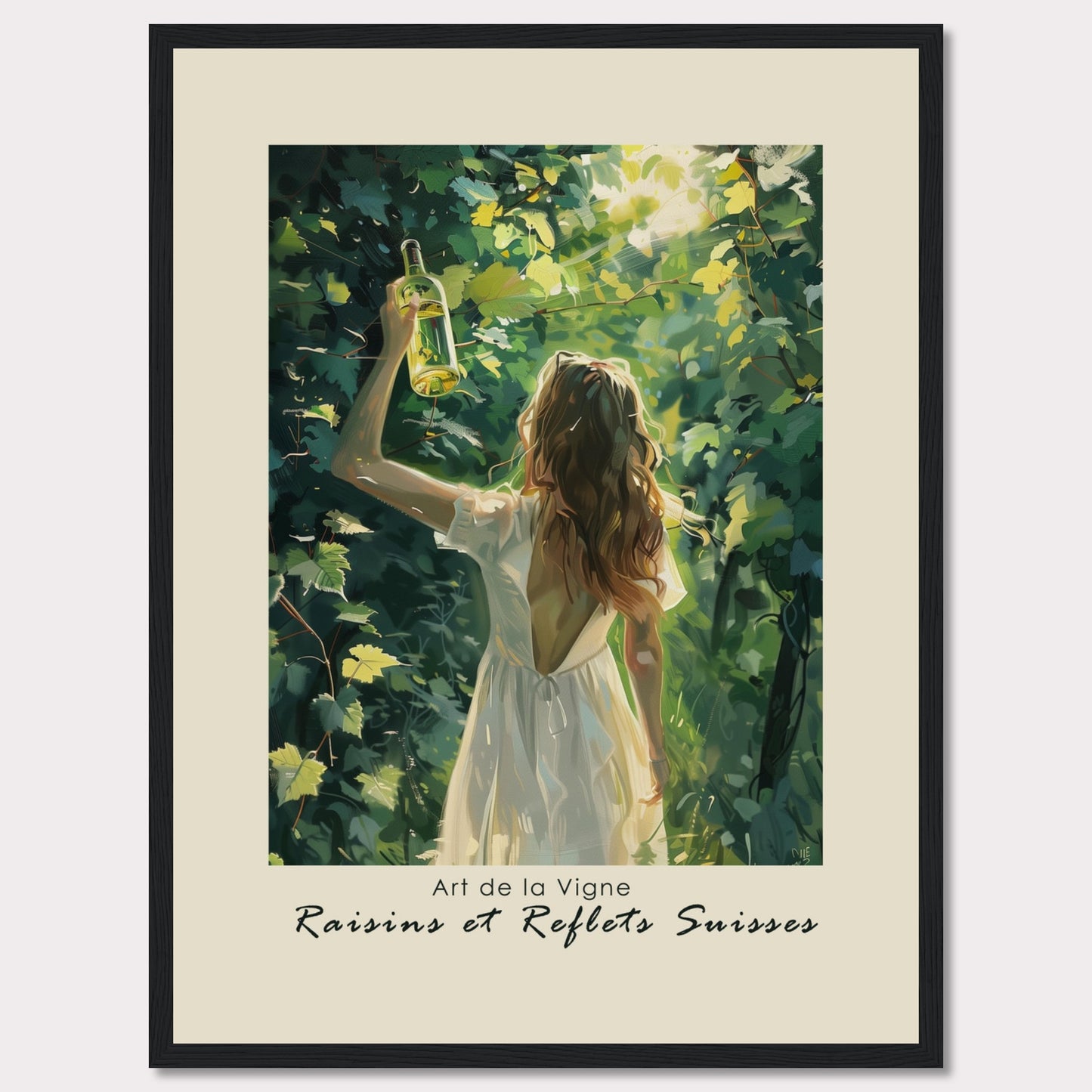 This captivating artwork titled "Art de la Vigne" showcases a woman in a white dress holding up a bottle of wine amidst lush green vines, with sunlight filtering through the leaves. The scene exudes a sense of tranquility and connection with nature.