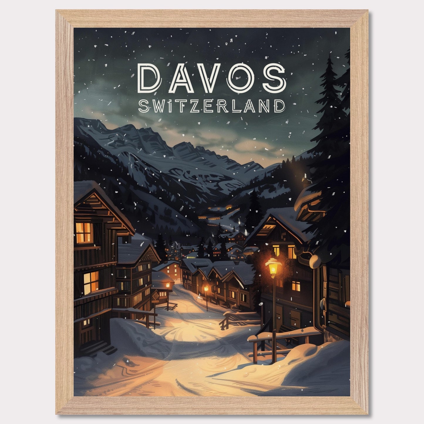 This illustration depicts a serene winter night in Davos, Switzerland. Snow-covered wooden houses line a quiet street illuminated by warm streetlights, with majestic mountains in the background.