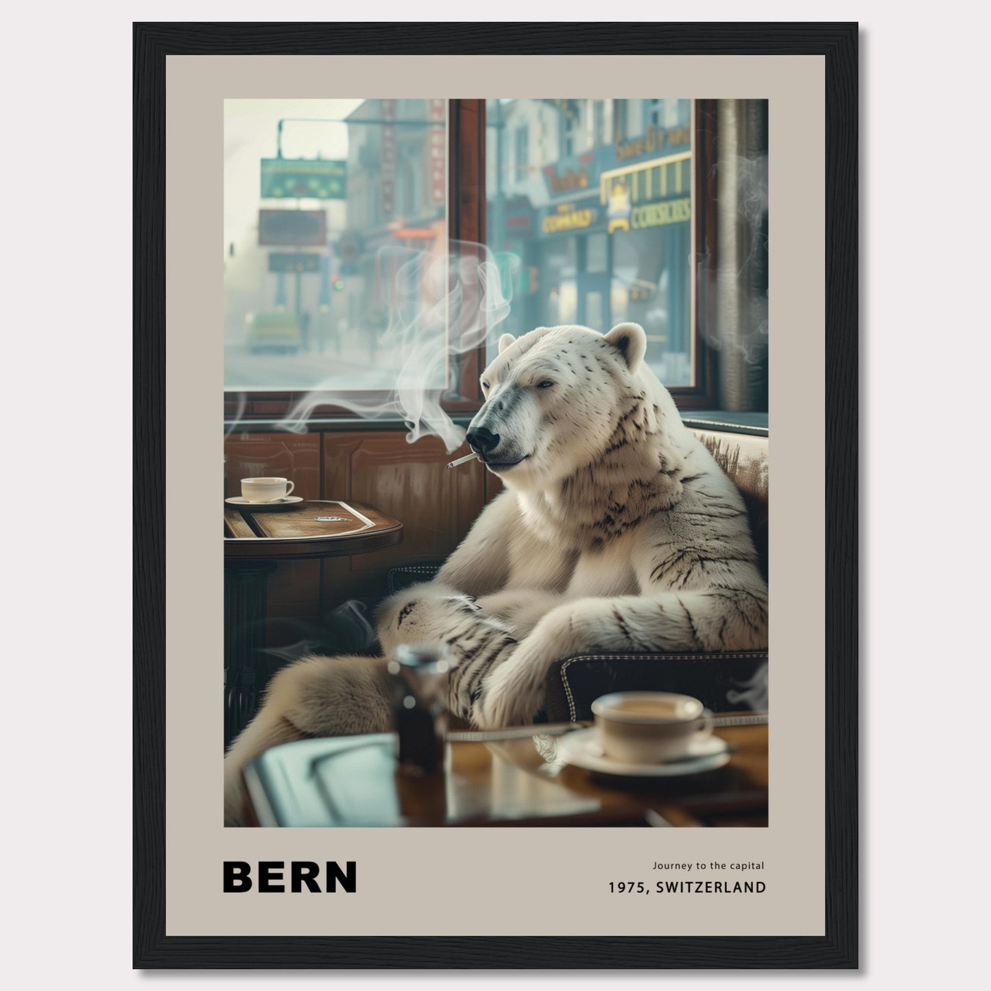 This intriguing poster features a polar bear sitting comfortably in a café, smoking a cigarette. The scene is set against a backdrop of a bustling city street, with shops and signs visible through the window. A cup of coffee sits on the table in front of the bear, adding to the relaxed atmosphere. The text at the bottom reads "BERN" with the caption "Journey to the capital, 1975, Switzerland."