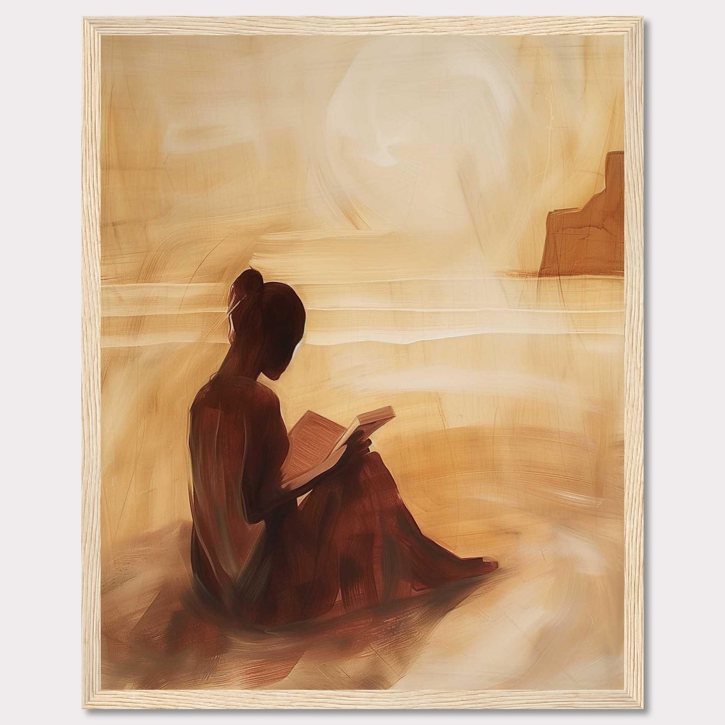 This serene painting captures a solitary figure engrossed in a book, seated on a tranquil beach with the sun setting in the background.