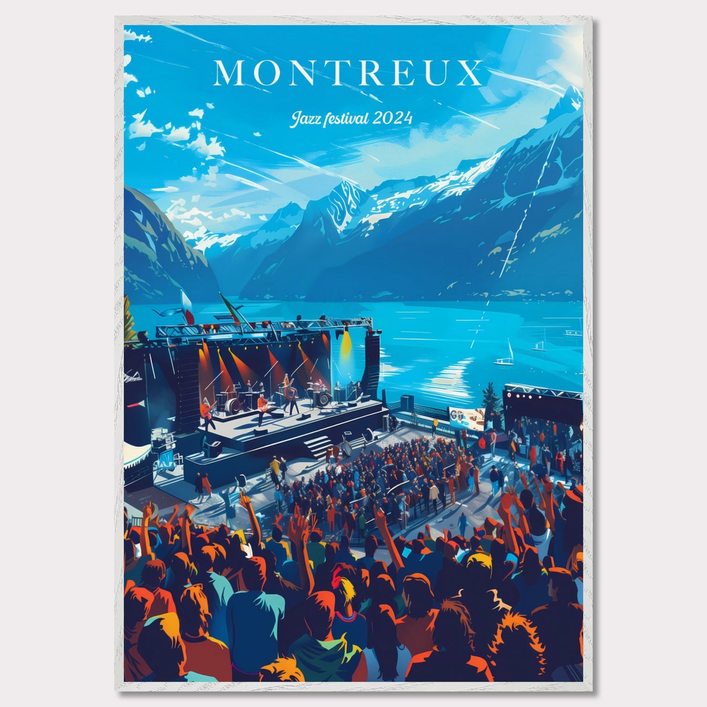 This vibrant poster showcases the Montreux Jazz Festival 2024, set against the stunning backdrop of Lake Geneva and the Swiss Alps. The image features a lively crowd enjoying a performance on an outdoor stage, with musicians playing under a clear blue sky.