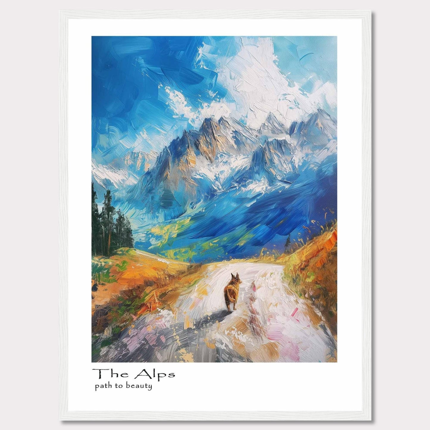 This painting captures the breathtaking beauty of the Alps with vibrant colors and dynamic brushstrokes. A lone hiker walks along a winding path, surrounded by majestic mountains under a bright blue sky.