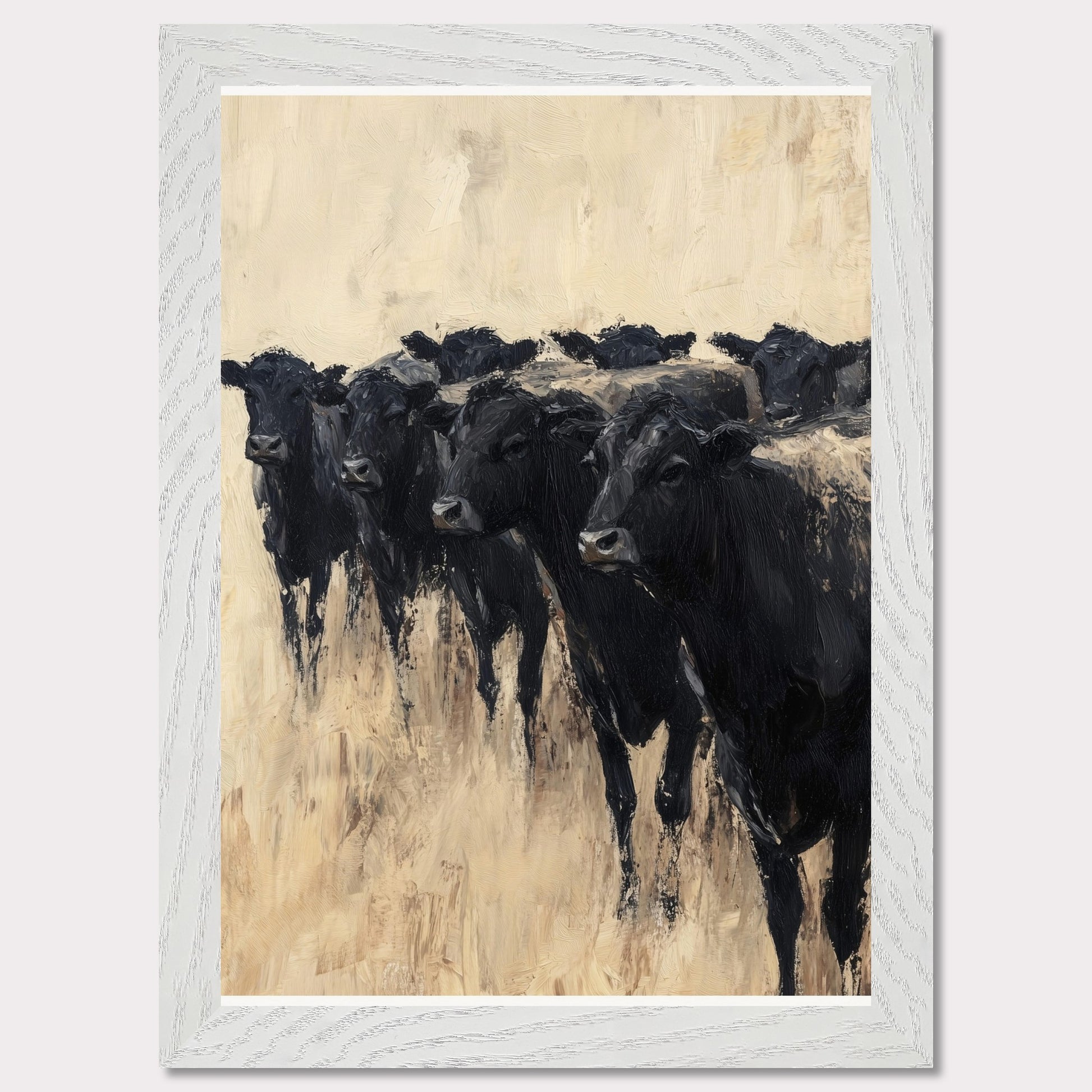 This captivating painting depicts a group of black cows standing together, evoking a sense of unity and strength. The textured brushstrokes and neutral background create a striking contrast, highlighting the animals' dark forms.