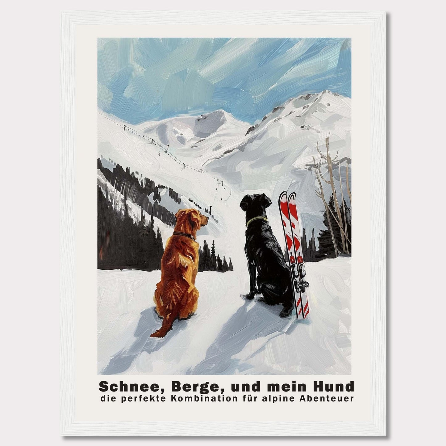 This image depicts two dogs sitting in the snow, gazing at a snowy mountain landscape. Next to them is a pair of skis, suggesting an alpine adventure. The sky is clear with a few clouds, adding to the serene and adventurous atmosphere.