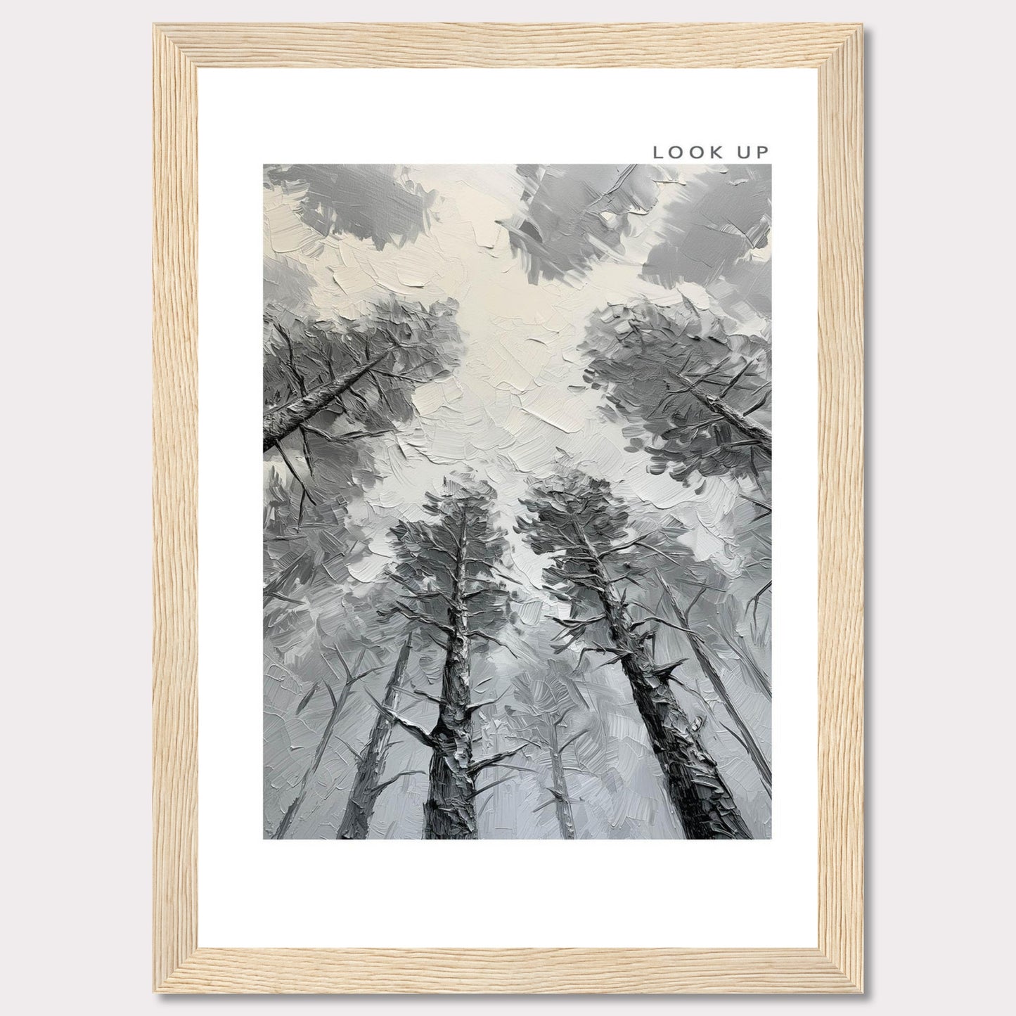 This image depicts an artistic rendering of tall trees viewed from the ground looking up, creating a sense of depth and wonder. The artwork is framed in black with the words "LOOK UP" at the top right corner.