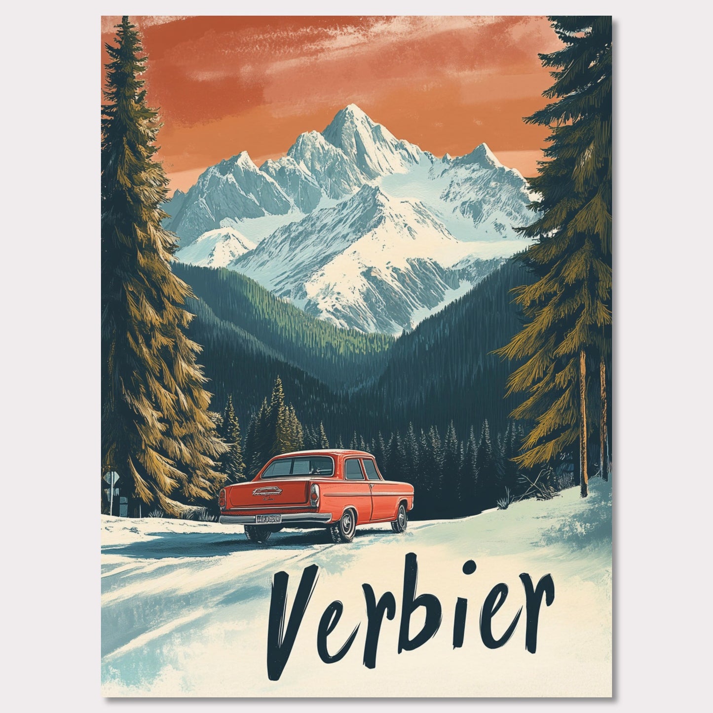 This striking retro-style poster depicts a vintage car driving through a snowy mountain landscape in Verbier. The red car stands out against the backdrop of majestic, snow-covered peaks and towering trees, with the warm orange hues of the sky adding to the nostalgic vibe. The vintage typography and artistic style evoke the allure of road trips through the Swiss Alps, offering a sense of freedom and adventure in a winter wonderland.