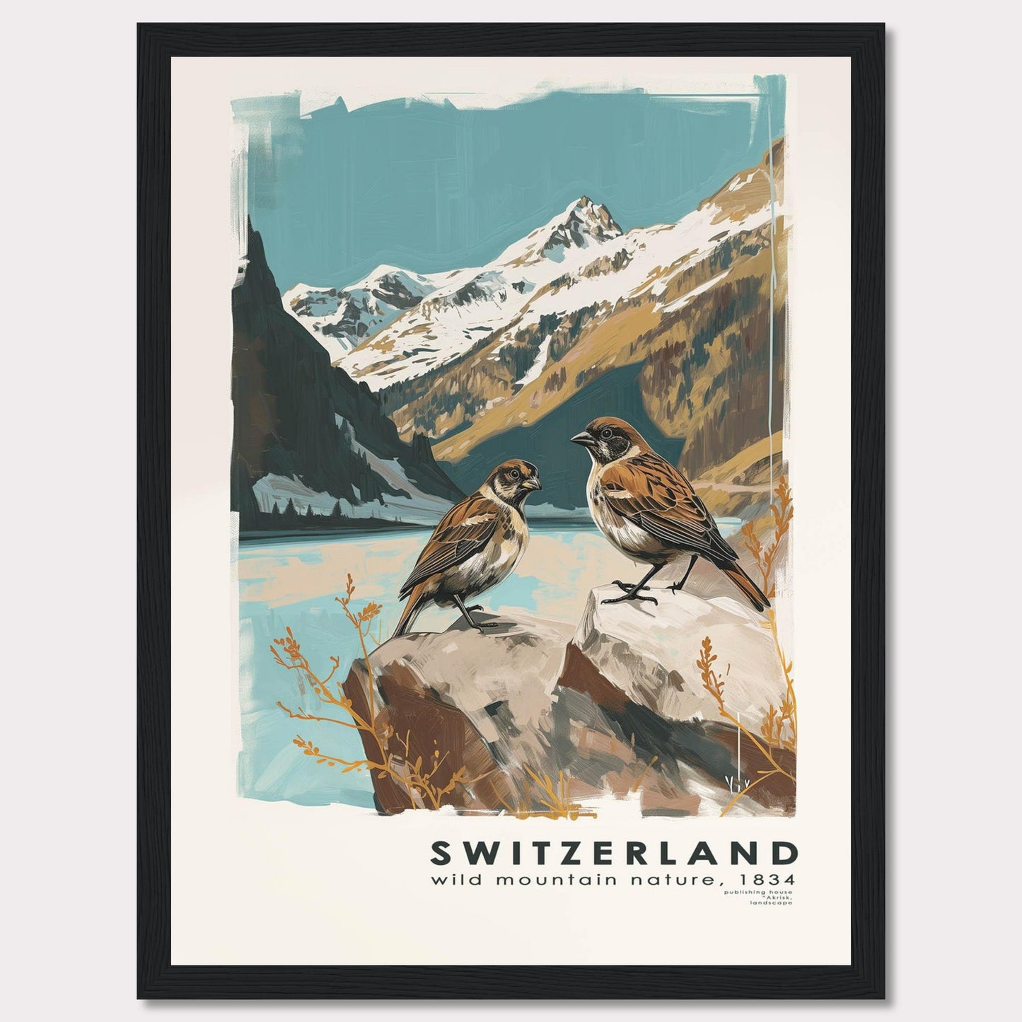 This beautiful illustration captures the serene and majestic nature of Switzerland. Two birds are perched on rocks in the foreground, with a breathtaking backdrop of snow-capped mountains and a tranquil lake.