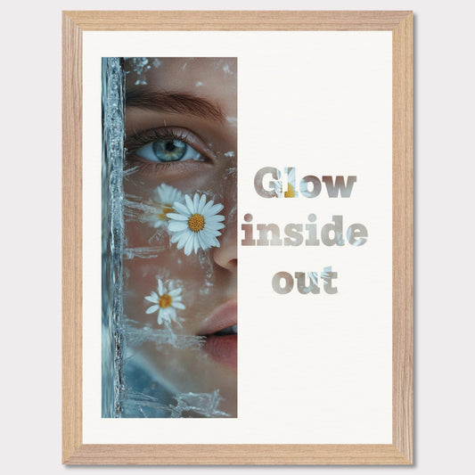 This illustration features a close-up of a person's face with daisies and ice crystals. The text "Glow inside out" is prominently displayed beside the image.

Where will this poster fit: Living room, bedroom, office, hallway, or studio.