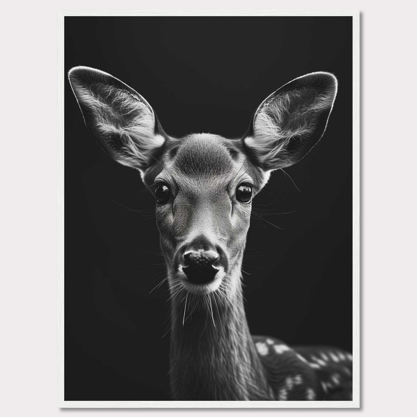 This captivating black and white photograph features a close-up of a young deer, highlighting its delicate features and expressive eyes. The dark background accentuates the deer's soft fur and intricate details, creating a striking contrast that draws the viewer in.