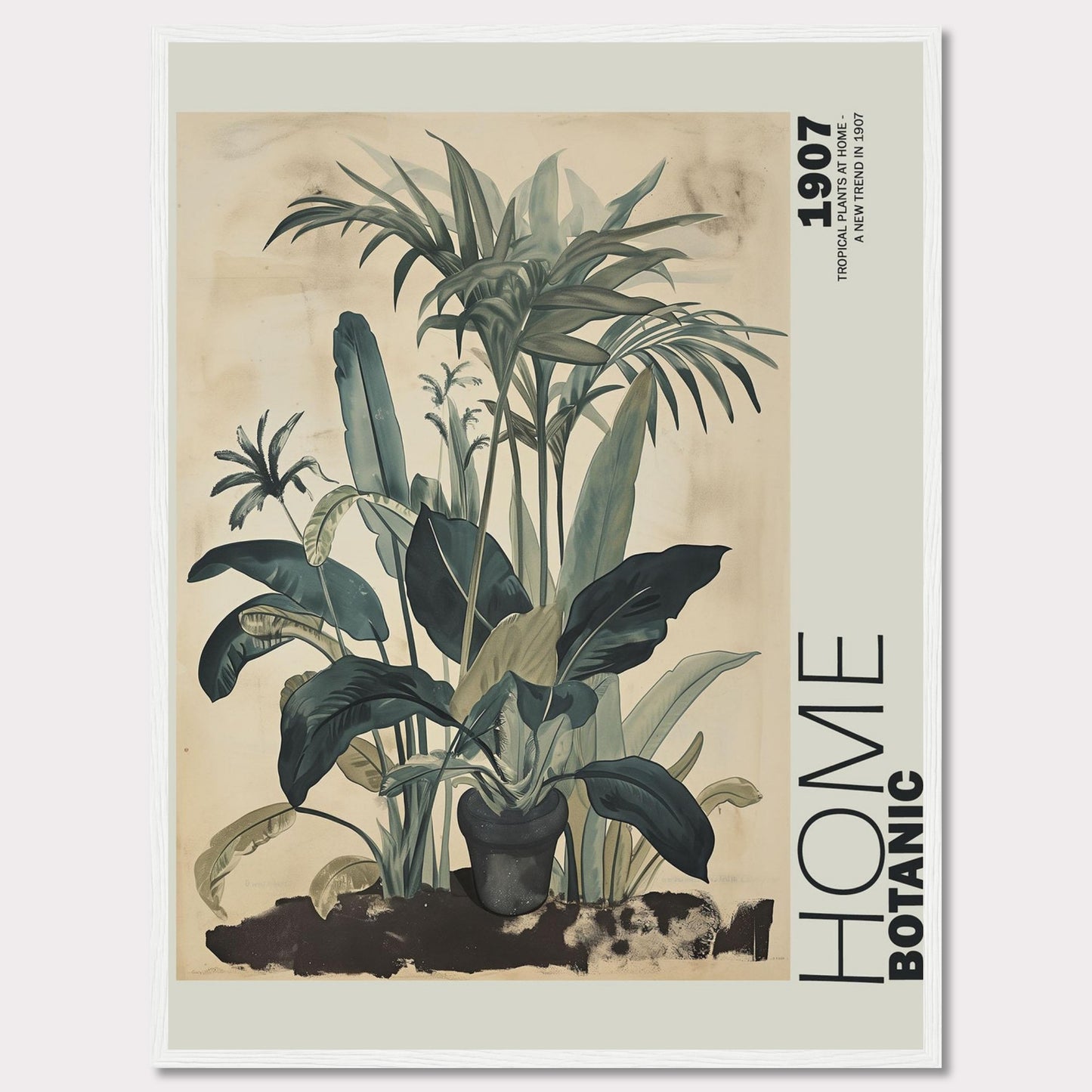 This image features a beautifully framed botanical art print showcasing lush tropical plants. The artwork has a vintage feel with muted green tones and intricate leaf details, giving it a timeless aesthetic. The text "HOME BOTANIC" and "1907" adds a touch of classic elegance to the piece.