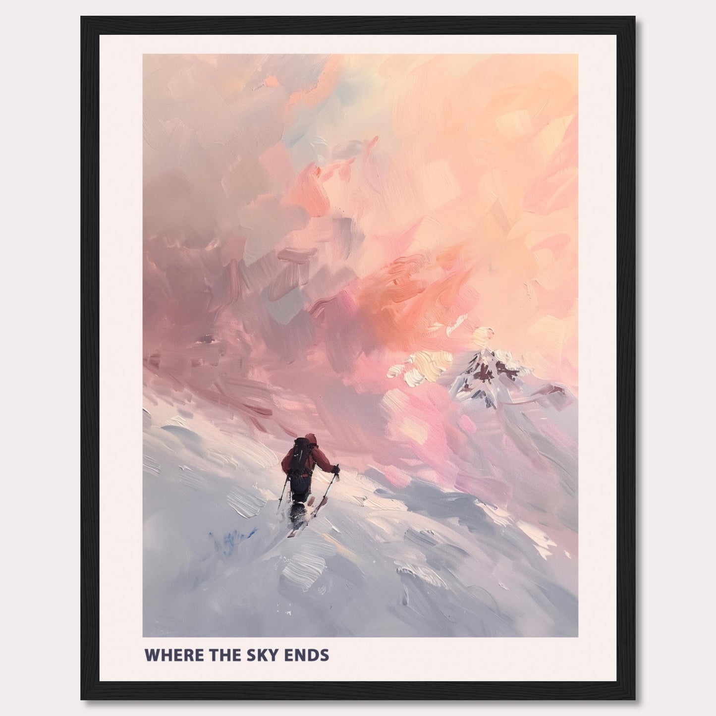 This captivating artwork titled "Where the Sky Ends" portrays a lone adventurer trekking through a snow-covered landscape towards a breathtaking, colorful sky. The painting captures a sense of solitude and determination against a backdrop of majestic, pastel-hued clouds.