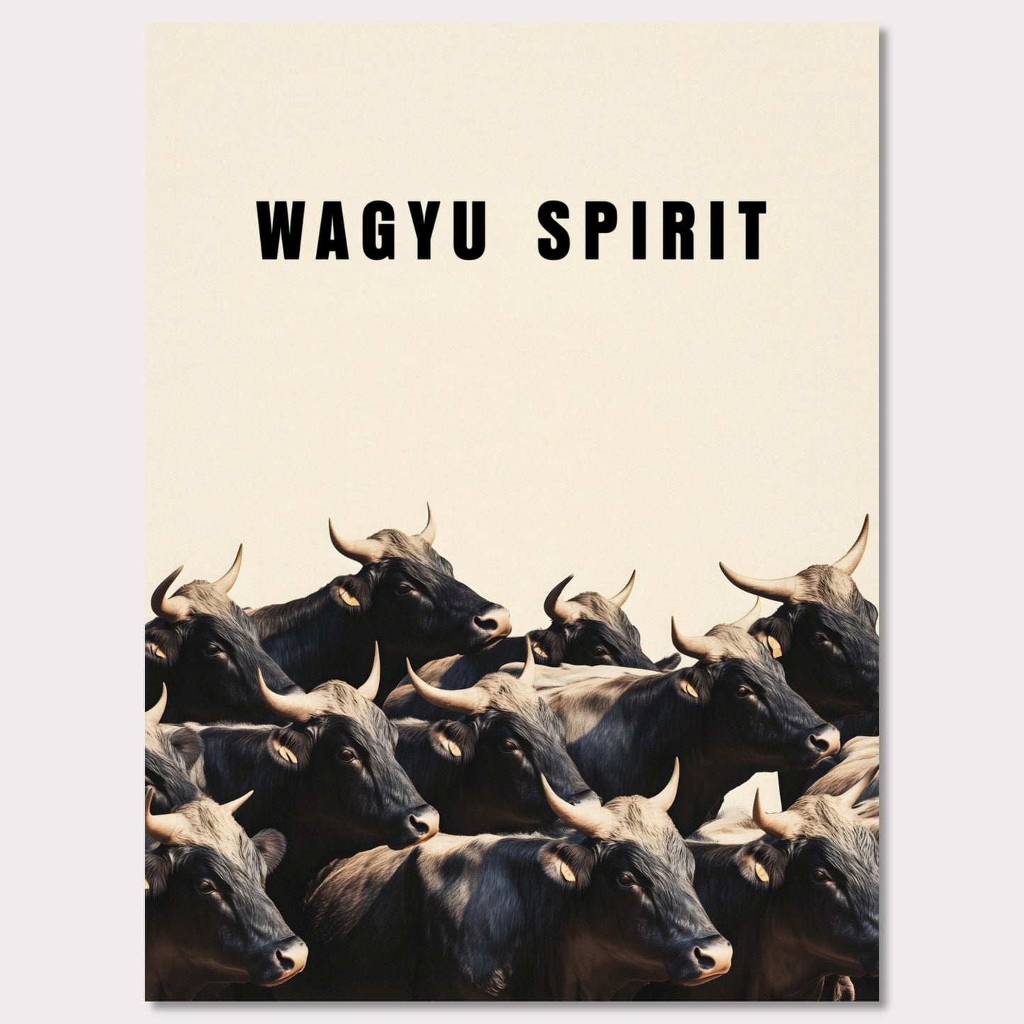 This illustration shows a group of black cattle with horns, set against a light background. The text "WAGYU SPIRIT" is prominently displayed at the top.

This poster will fit well in a kitchen, dining area, restaurant, or any space related to food and culinary arts.