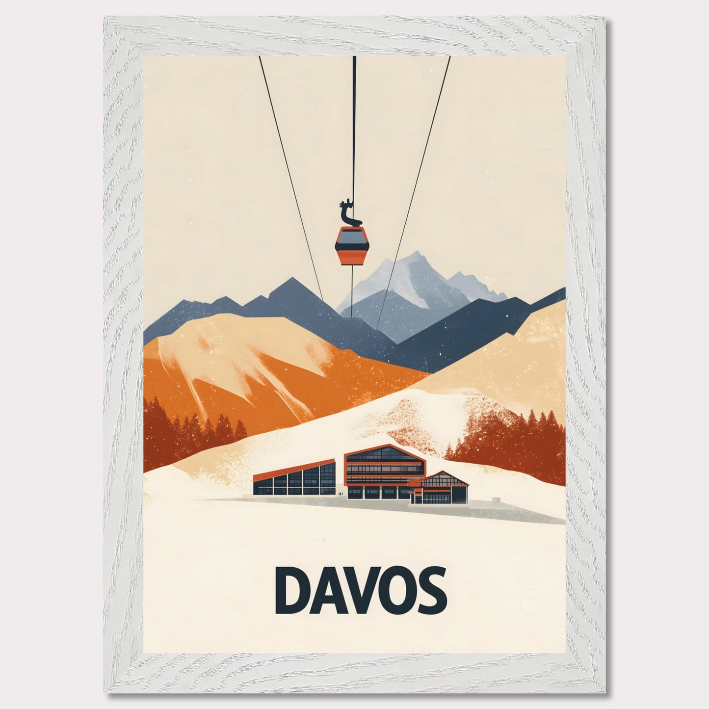 A stunning visual of a winter resort in Davos, nestled among snow-covered mountains. A cable car ascends above, symbolizing the excitement of skiing and high-altitude adventures.