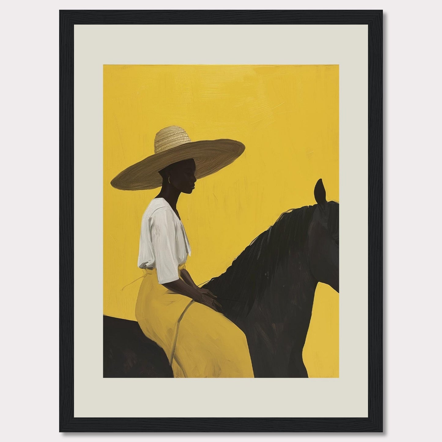 This striking artwork features a silhouette of a person wearing a wide-brimmed hat, seated on a dark horse against a vibrant yellow background. The figure is adorned in a white top and yellow skirt, exuding elegance and tranquility.