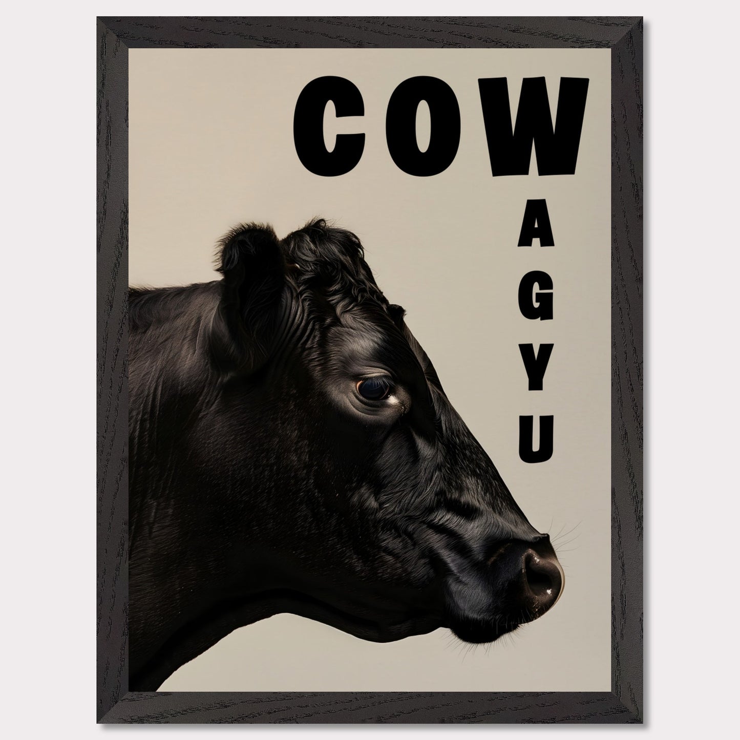 This image features a close-up profile of a black cow against a neutral background. The word "COW" is prominently displayed in bold black letters at the top, while the word "WAGYU" is arranged vertically on the right side.