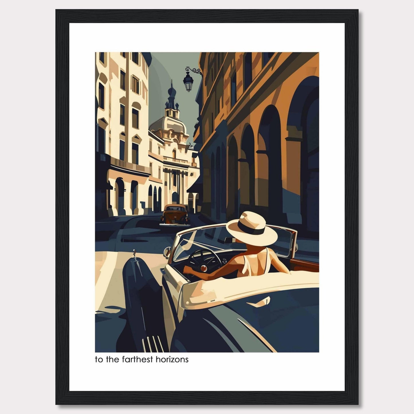 This captivating artwork depicts a stylish individual driving a vintage car through a charming, sunlit European street. The scene is filled with architectural beauty, showcasing classic buildings and a serene atmosphere.