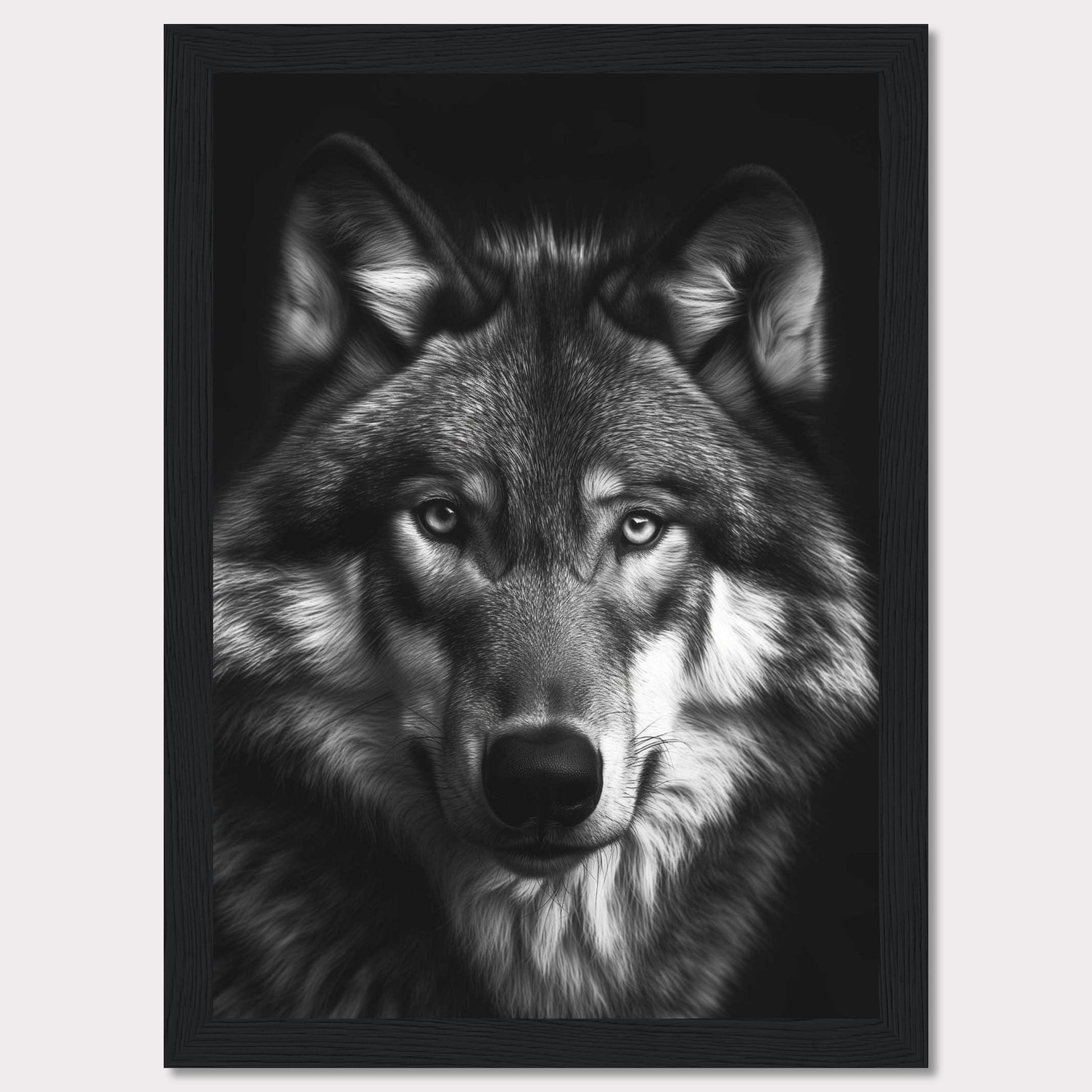 Immerse yourself in the captivating gaze of a majestic wolf with this stunning black and white portrait. The detailed fur, intense eyes, and powerful presence make this artwork a striking addition to any space.