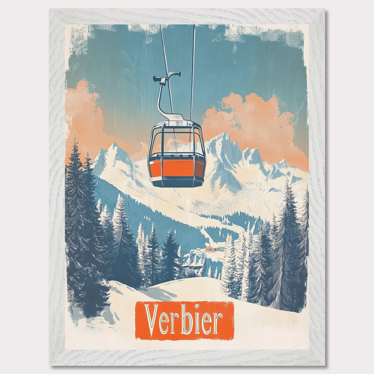 This picturesque retro-inspired poster showcases a vibrant orange gondola gracefully ascending the snowy mountainside of Verbier. The tranquil beauty of the landscape is captured with soft pastel tones in the sky, complemented by the rugged peaks in the distance. The modern gondola stands in contrast to the pristine, snow-covered trees, evoking a sense of peaceful adventure and the journey to the mountain’s summit. The vintage art style enhances the nostalgic vibe of alpine exploration.