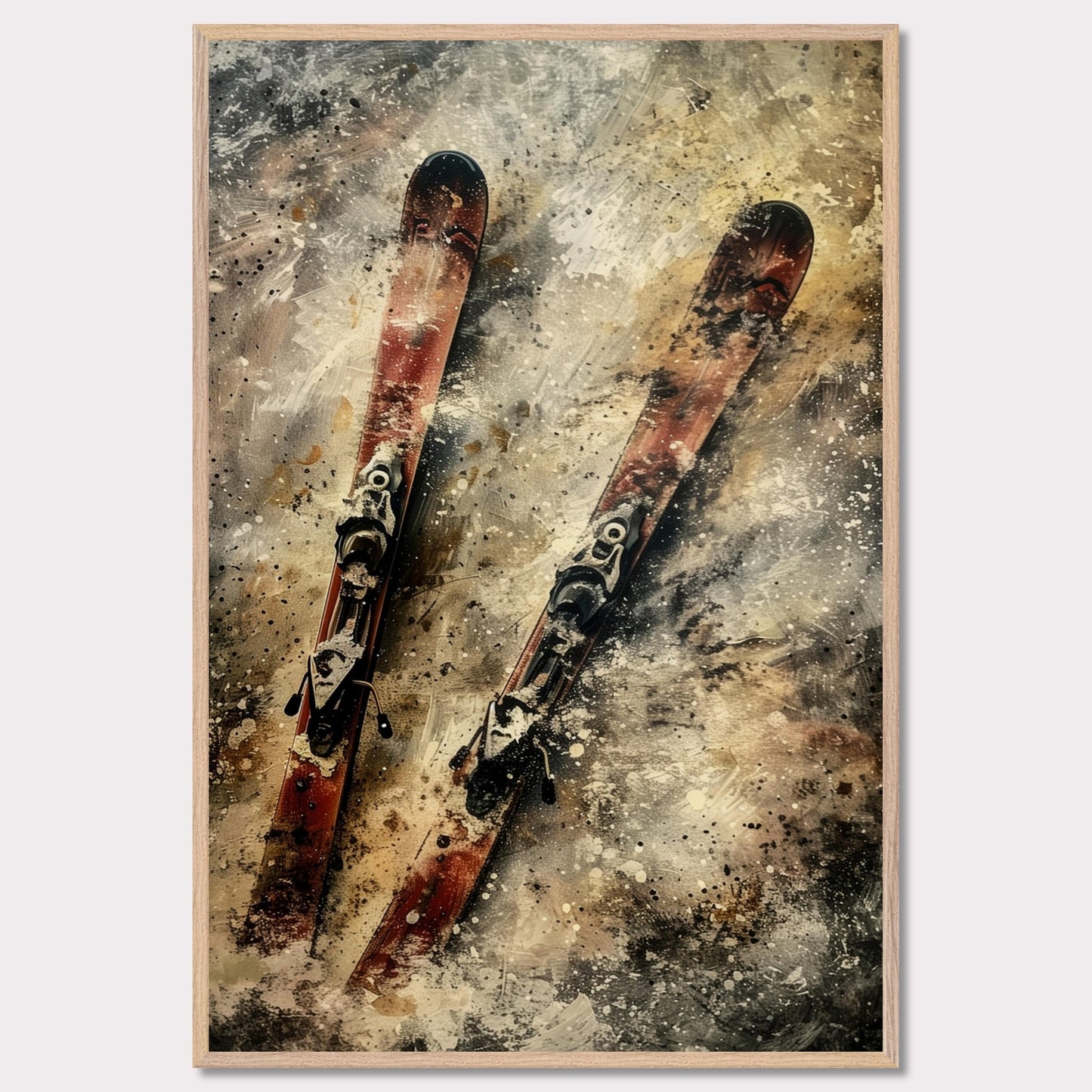 This image showcases a pair of vintage red skis with bindings, set against a textured, abstract background. The skis are positioned diagonally, creating a dynamic and energetic composition.