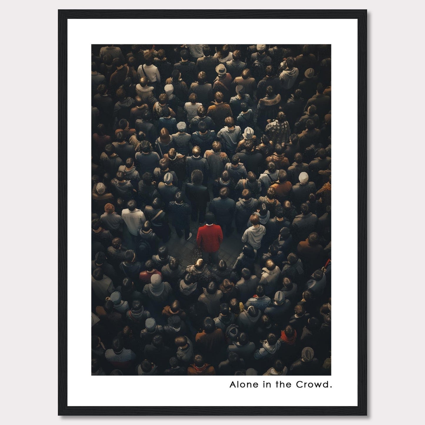 This image depicts a lone individual in a red coat standing amidst a dense crowd of people, all dressed in darker colors. The contrast highlights the feeling of isolation despite being surrounded by others.