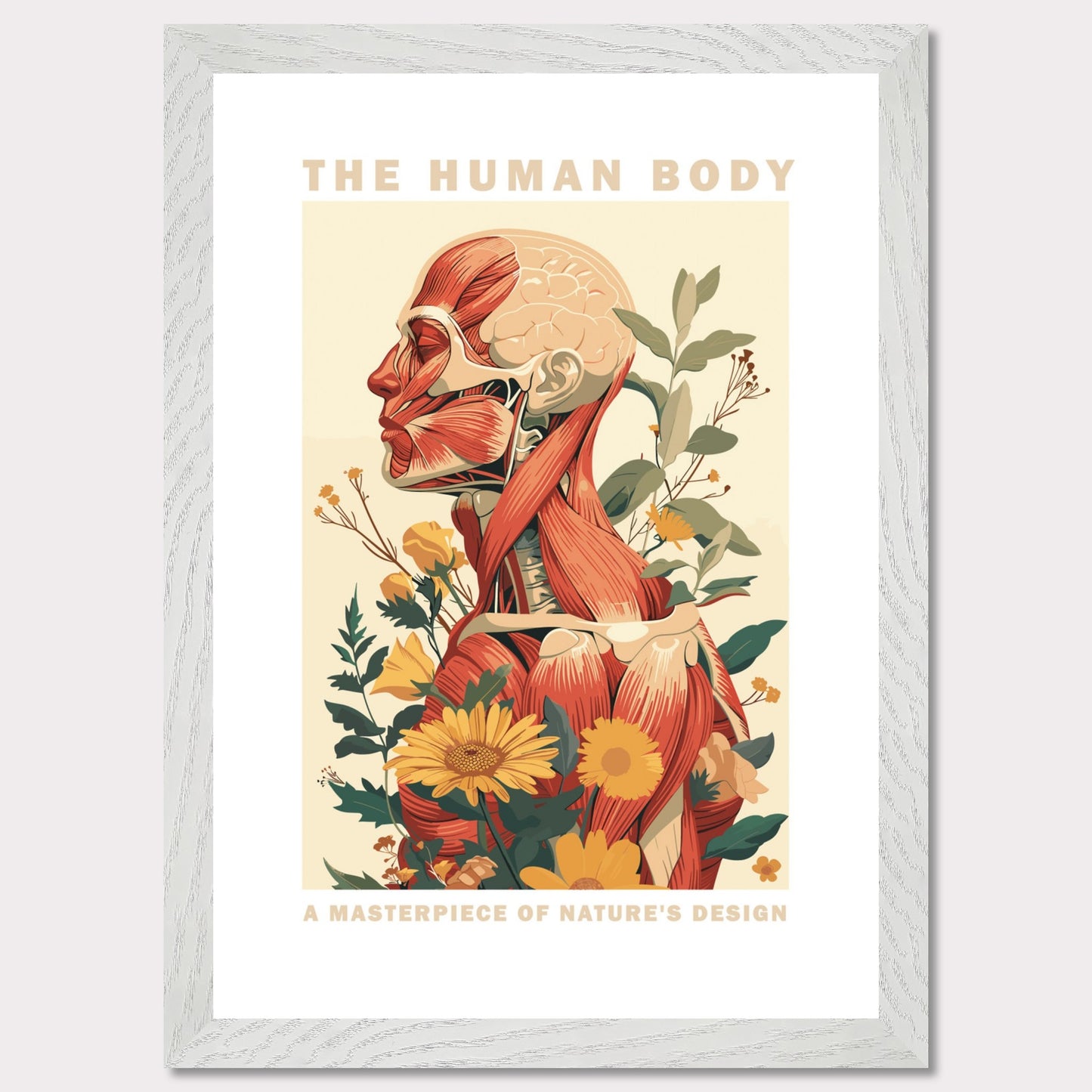 This captivating artwork showcases the intricate design of the human body, blending anatomical details with vibrant botanical elements.