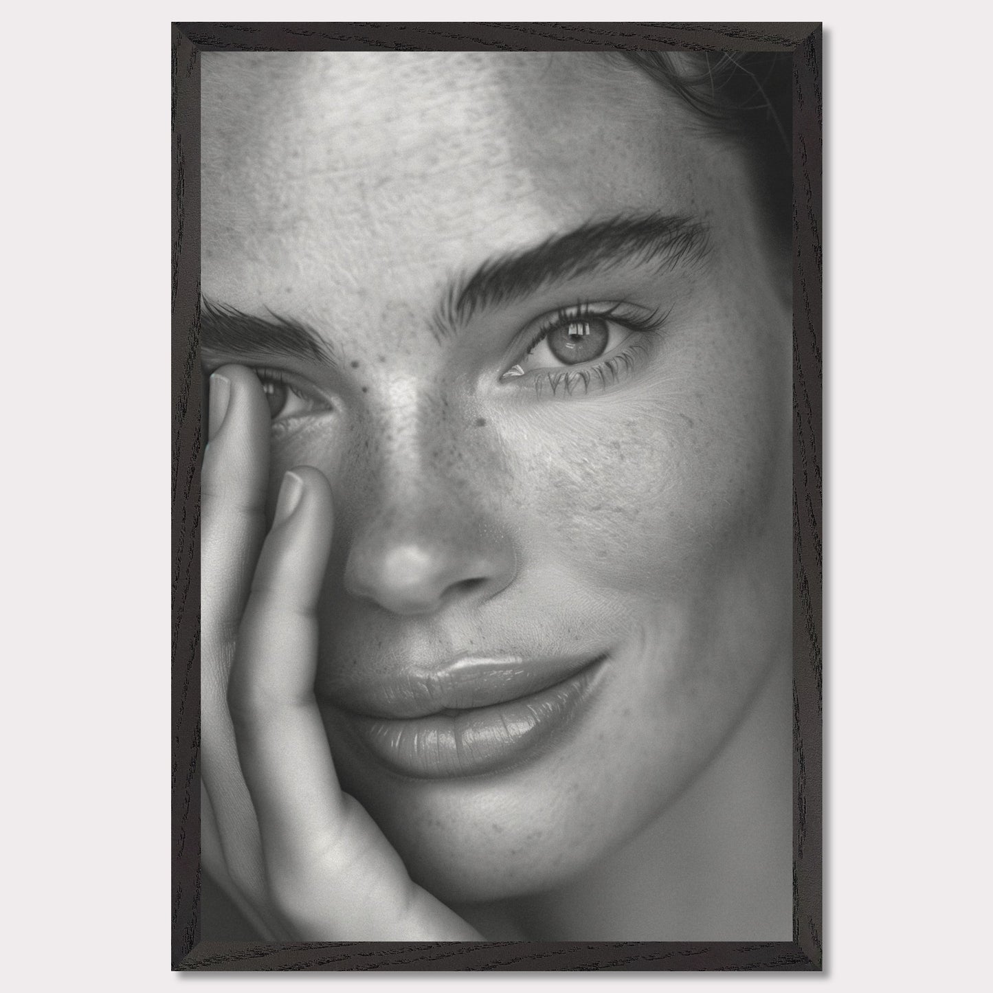 This striking black and white portrait captures the serene expression of a person with captivating eyes and natural freckles. The close-up shot highlights the texture of the skin and the subtle details of the face, creating an intimate and powerful image.