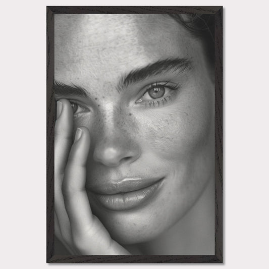 This striking black and white portrait captures the serene expression of a person with captivating eyes and natural freckles. The close-up shot highlights the texture of the skin and the subtle details of the face, creating an intimate and powerful image.