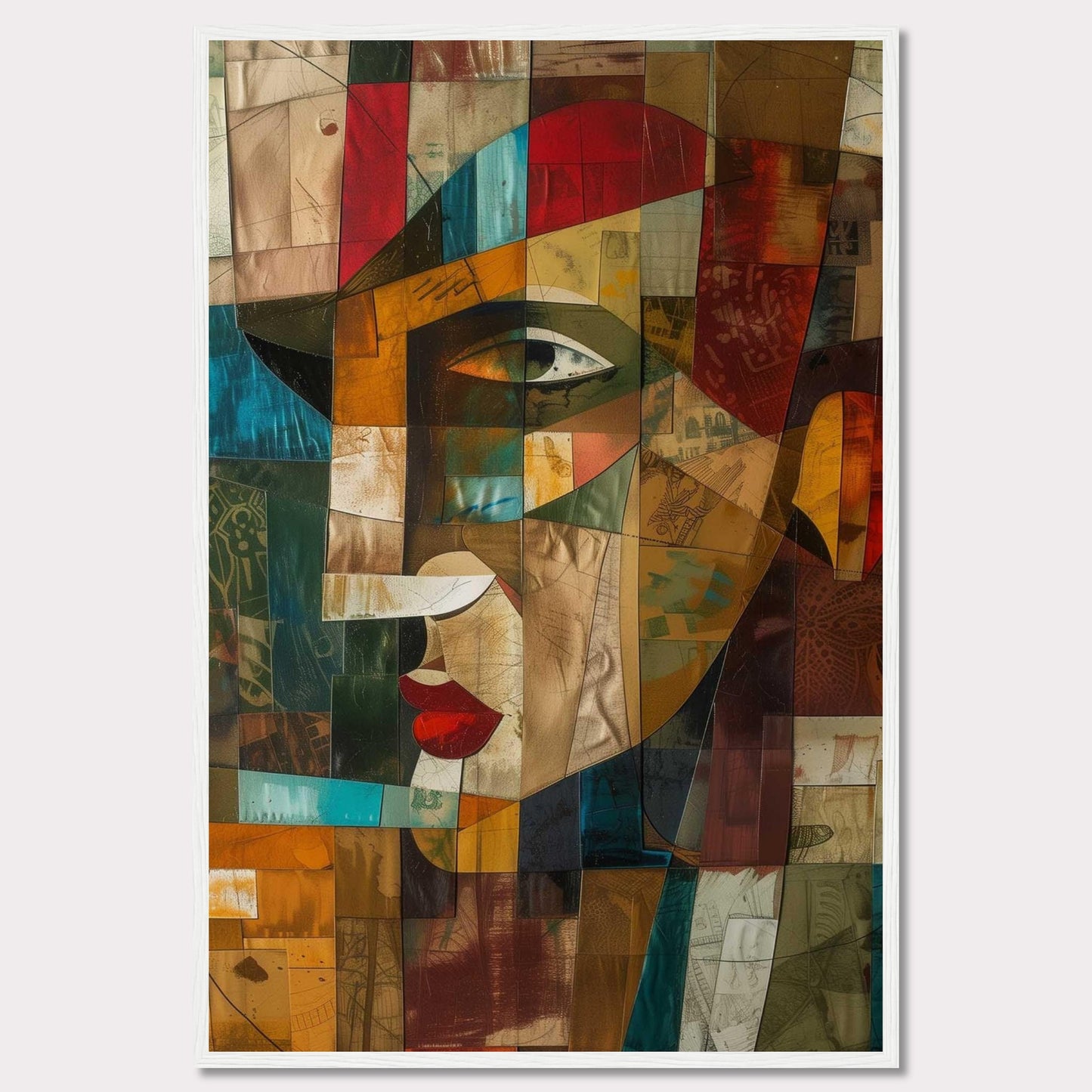 This captivating artwork features a cubist-style portrait, blending vibrant colors and geometric shapes to create a striking visual. The image showcases an abstract face with prominent red lips, a sharp nose, and expressive eyes.