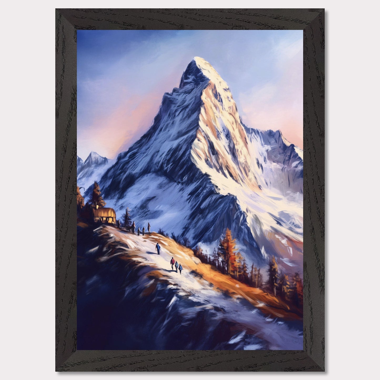 This atmospheric poster captures the awe-inspiring beauty of Zermatt, emphasizing the grandeur of the Matterhorn as it towers over a snow-dusted trail bathed in golden light. The soft, painterly style evokes a sense of tranquility and adventure, blending the rugged alpine landscape with the warmth of human activity.