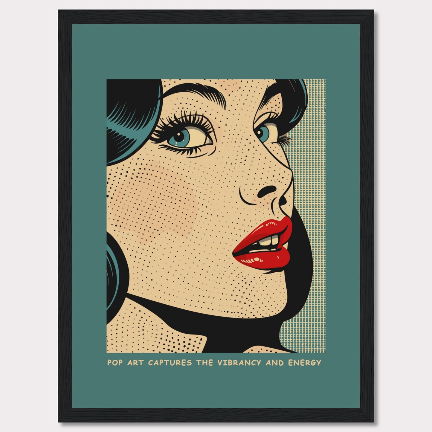 This striking pop art piece features a close-up of a woman's face, characterized by bold lines and vibrant colors. The artwork captures the essence of 1960s pop art with its dotted texture and expressive style.