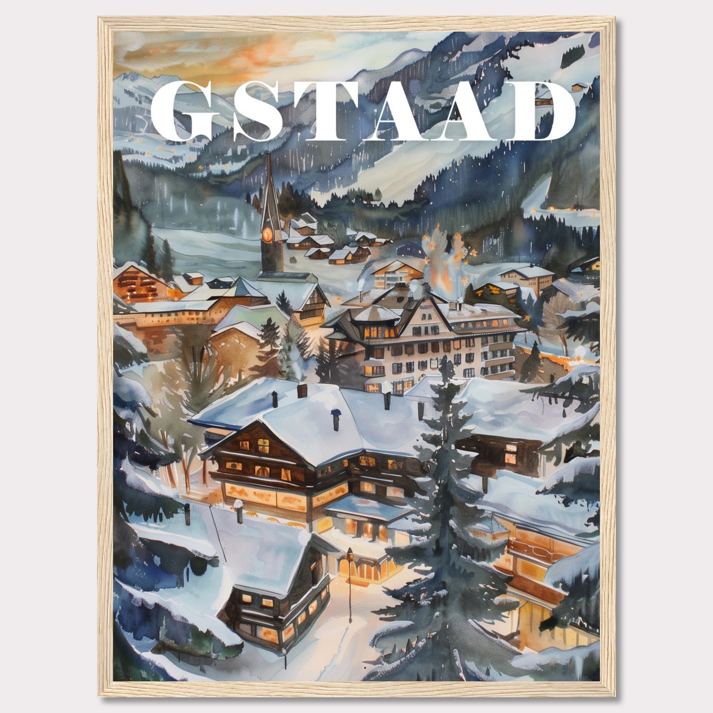 This image showcases a beautiful winter scene of Gstaad, a picturesque village nestled in the Swiss Alps. The painting captures the charm of snow-covered chalets, pine trees, and a serene mountainous backdrop under a soft evening sky.