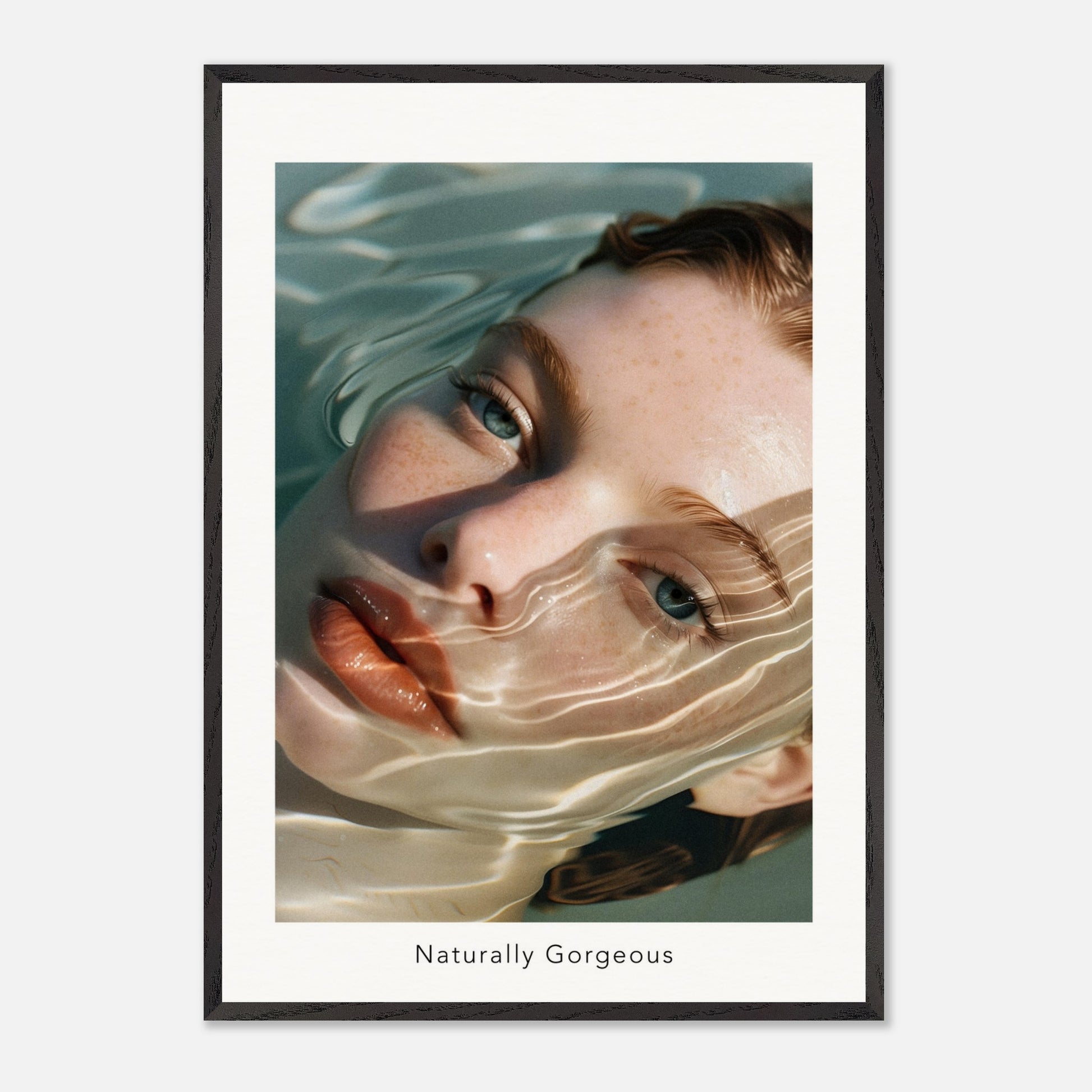 This poster features a close-up illustration of a woman's face partially submerged in water, with light reflections creating a wavy pattern across her skin. The text "Naturally Gorgeous" is displayed below the image.