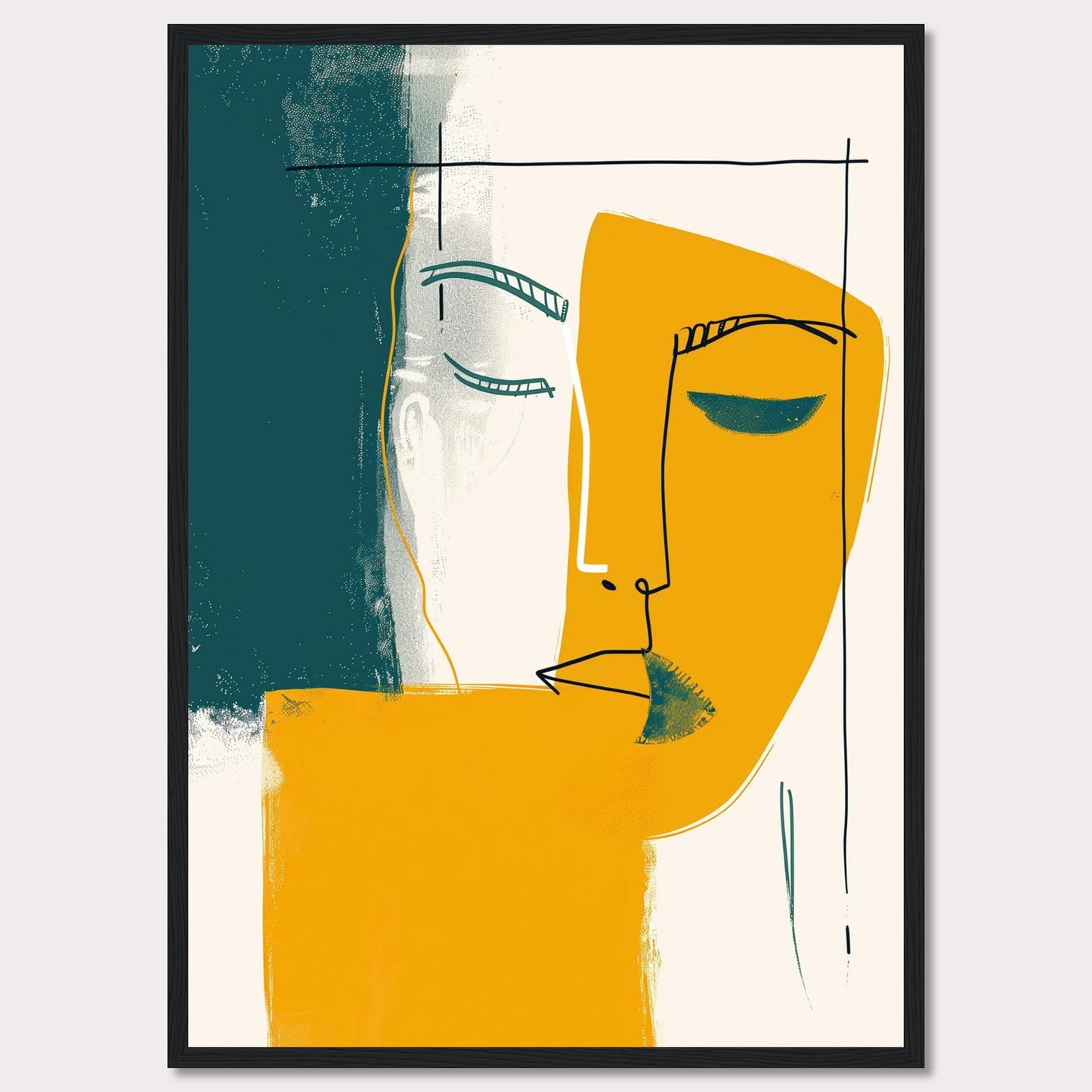 This captivating abstract art piece features a minimalist line drawing of a face, blending bold colors and simple shapes to create a striking visual impact. The artwork combines teal, mustard yellow, and white, with a black frame adding a touch of sophistication.