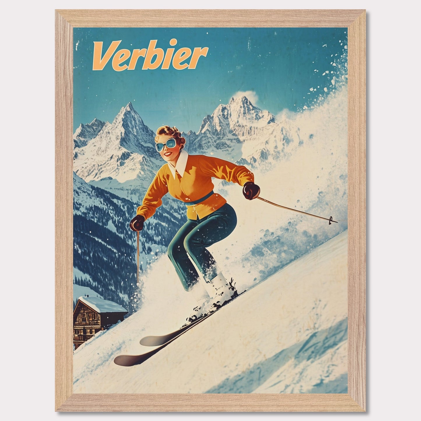 This vibrant retro poster captures the thrilling energy of skiing in Verbier, featuring a skier in a bright orange jacket racing down the slopes. The bright, clear sky contrasts beautifully with the snow-covered terrain and rugged mountain backdrop. The skier’s joyful expression, paired with the iconic Verbier mountains, evokes the excitement and adventure of alpine skiing. The vintage art style adds a timeless touch, bringing out the spirit of winter sports.