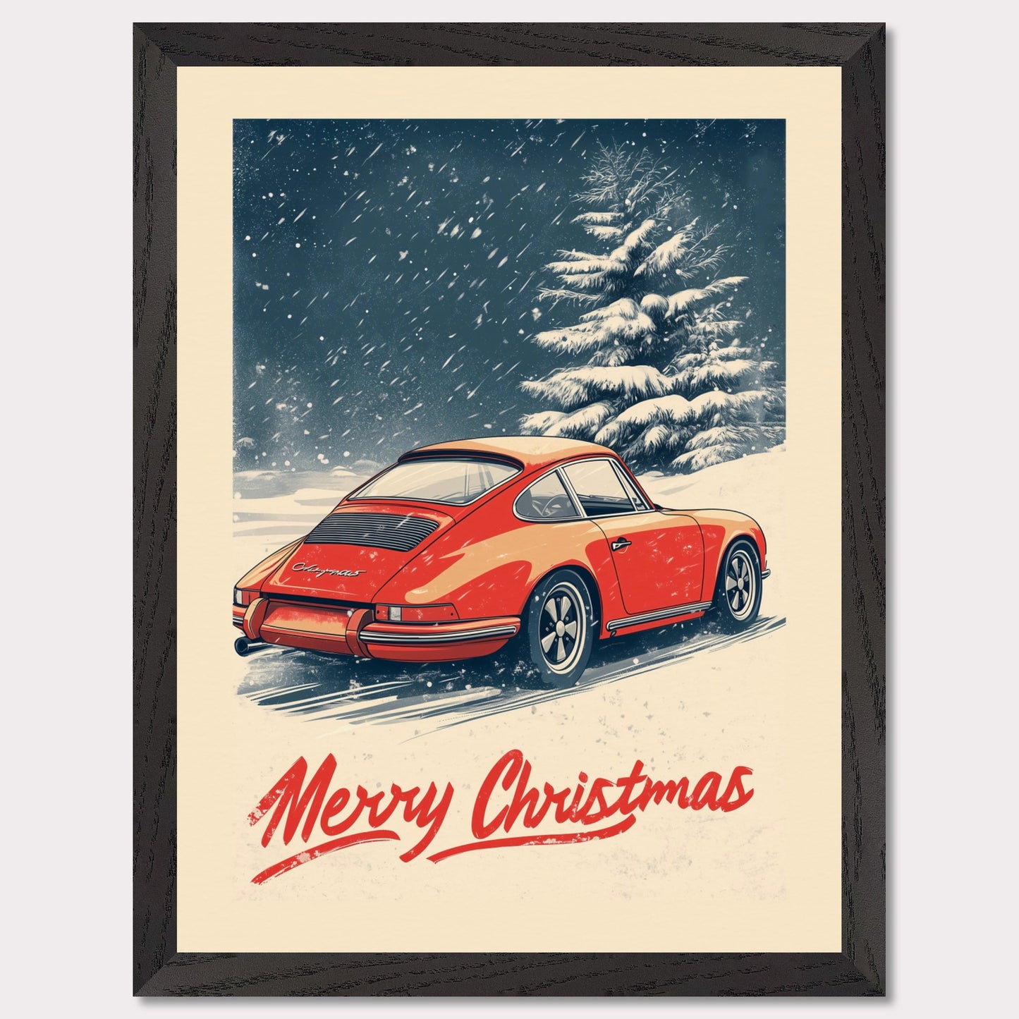 This nostalgic holiday poster features a striking red Porsche driving through a snow-covered landscape, with festive snowflakes gently falling around the scene. A snowy tree and soft winter hues create a cozy and festive atmosphere. The bold "Merry Christmas" typography adds an extra touch of holiday cheer, making it a perfect way to celebrate the season with a classic car enthusiast's touch.