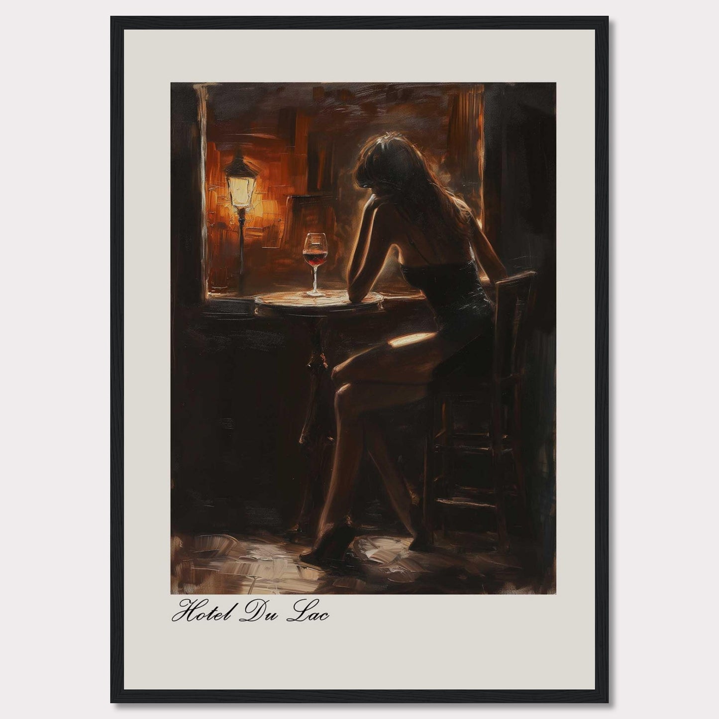 This evocative artwork captures a solitary moment in a dimly lit bar. A woman sits contemplatively at a small round table, illuminated by the warm glow of a nearby lamp. A glass of red wine rests on the table, adding to the intimate and reflective atmosphere. The painting is titled "Hotel Du Lac," suggesting a scene filled with stories and emotions.