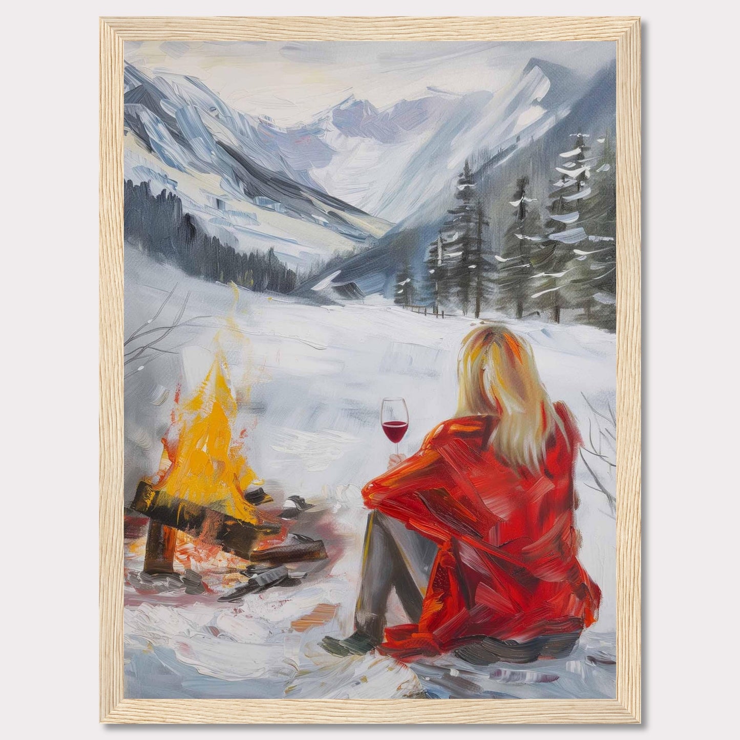 This painting captures a serene winter scene where a person in a red coat sits by a campfire, enjoying a glass of wine amidst a snowy landscape. The backdrop features majestic snow-covered mountains and evergreen trees.