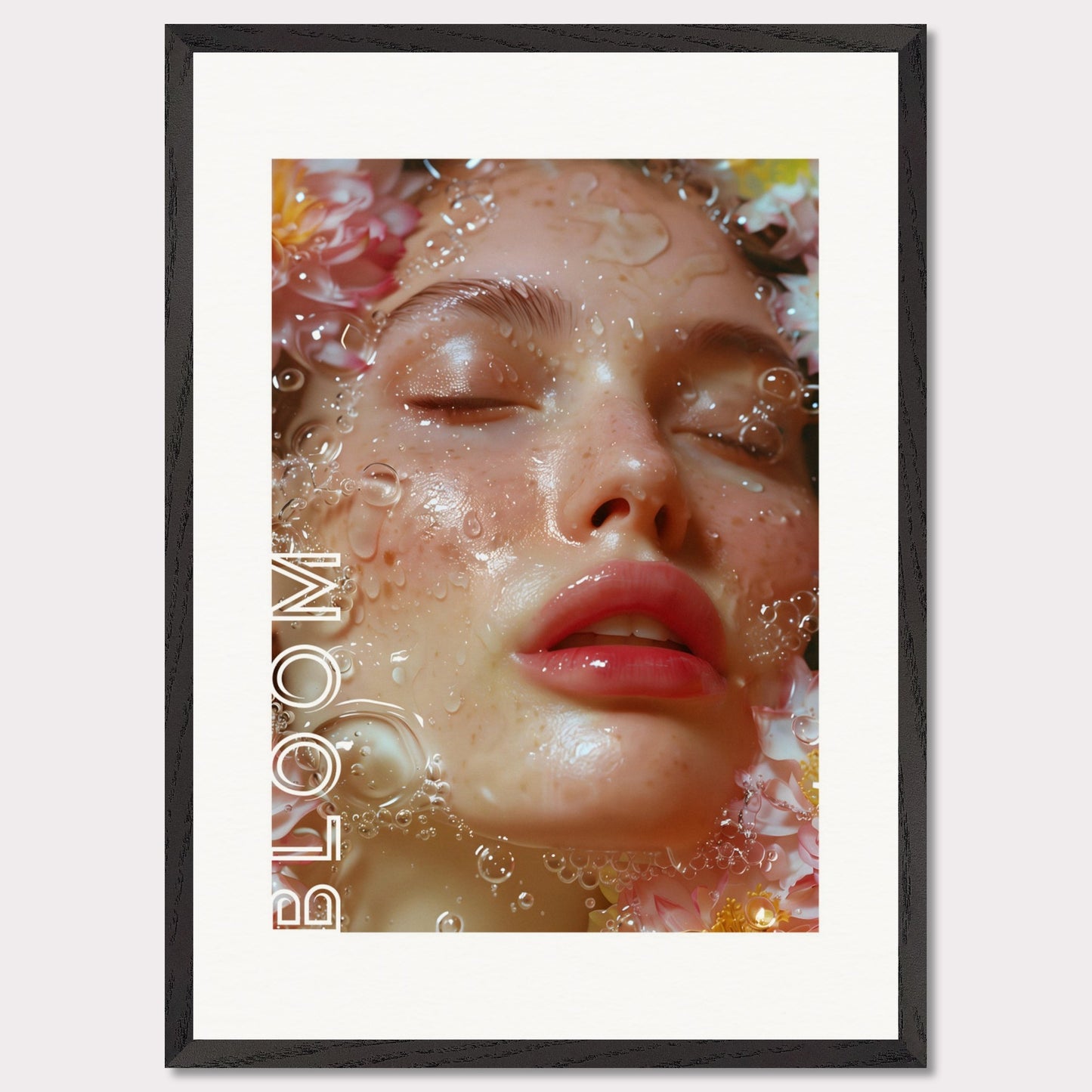 This illustration features a close-up of a serene face with closed eyes, surrounded by water droplets and flowers. The word "BLOOM" is prominently displayed along the left side.

Where this poster will fit: This poster would be ideal for a bedroom, living room, or beauty salon.