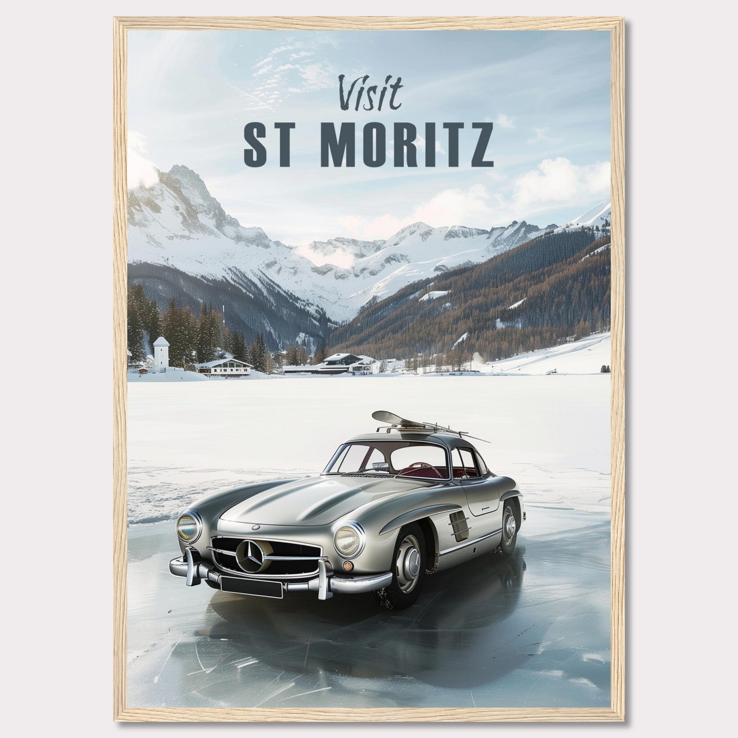 Discover the breathtaking beauty of St. Moritz with this stunning poster. Featuring a classic silver car parked on a frozen lake, surrounded by majestic snow-capped mountains and cozy alpine chalets.